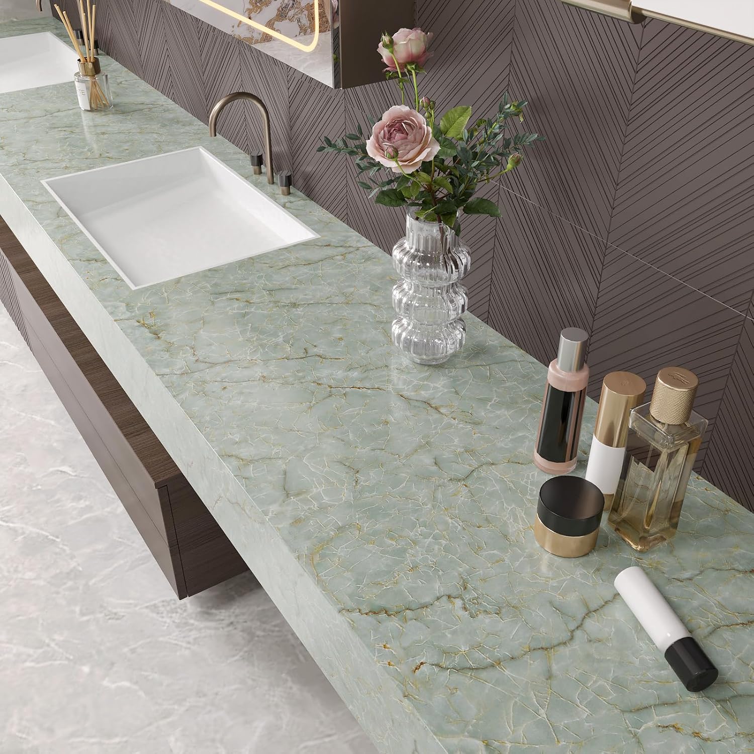 CHIHUT Pale Jade Green Glossy Marble Countertop Contact Paper Peel and Stick Waterproof Self Adhesive Marble Wallpaper 12"x472" Renter Friendly Kitchen Vinyl Wrap for Cabinets Counter Top Covers