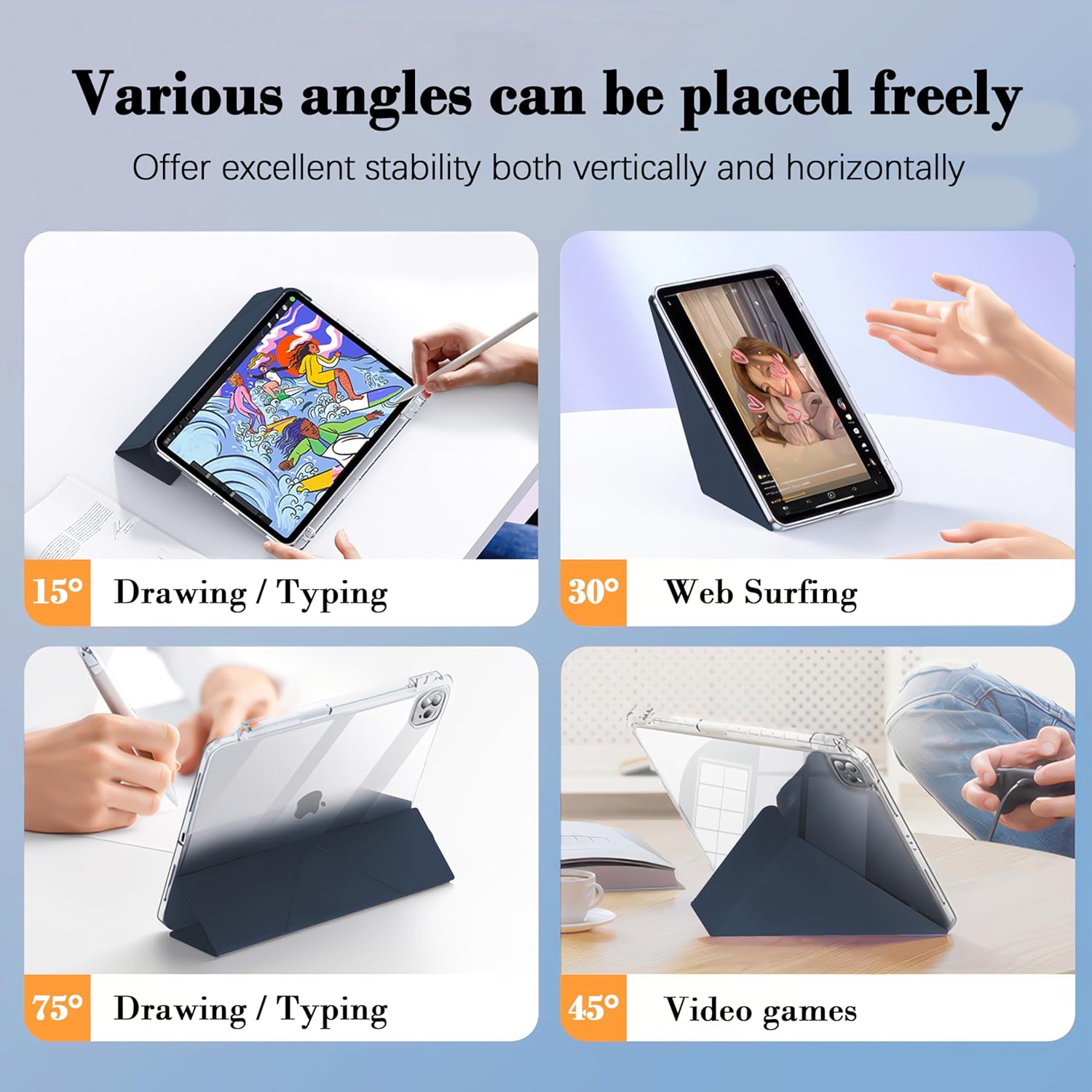 for iPad Pro 11" & iPad Air 10.9" Case with Pencil Holder - Folding Folio Stand for iPad Air 6 & 5 & 4 (2024-2020), 2022-2018 iPad Pro (1st-4th Gen) Origami - Exquisite Navy Blue - Image 5