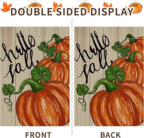 Miniatura 6 de Bandera de jardín de otoño de 12 x 18 pulgadas, de doble cara, diseño de calabaza con texto en inglés "Hello Fall", decoración para exteriores
