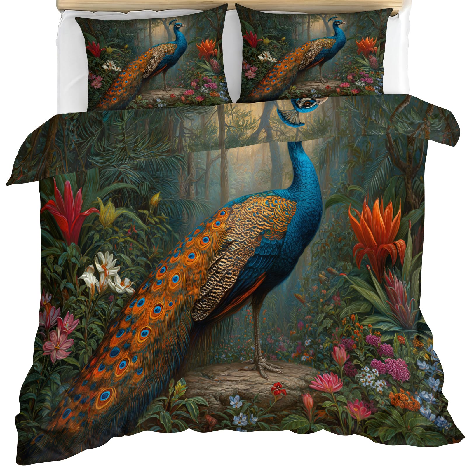 YEMYOR Peacock Comforter Cover, Vintage Elegant Peacock Duvet Cover 135x200 cm, Tropical Floral Bedding Set with Zipper Ties & 2 Pillowcases