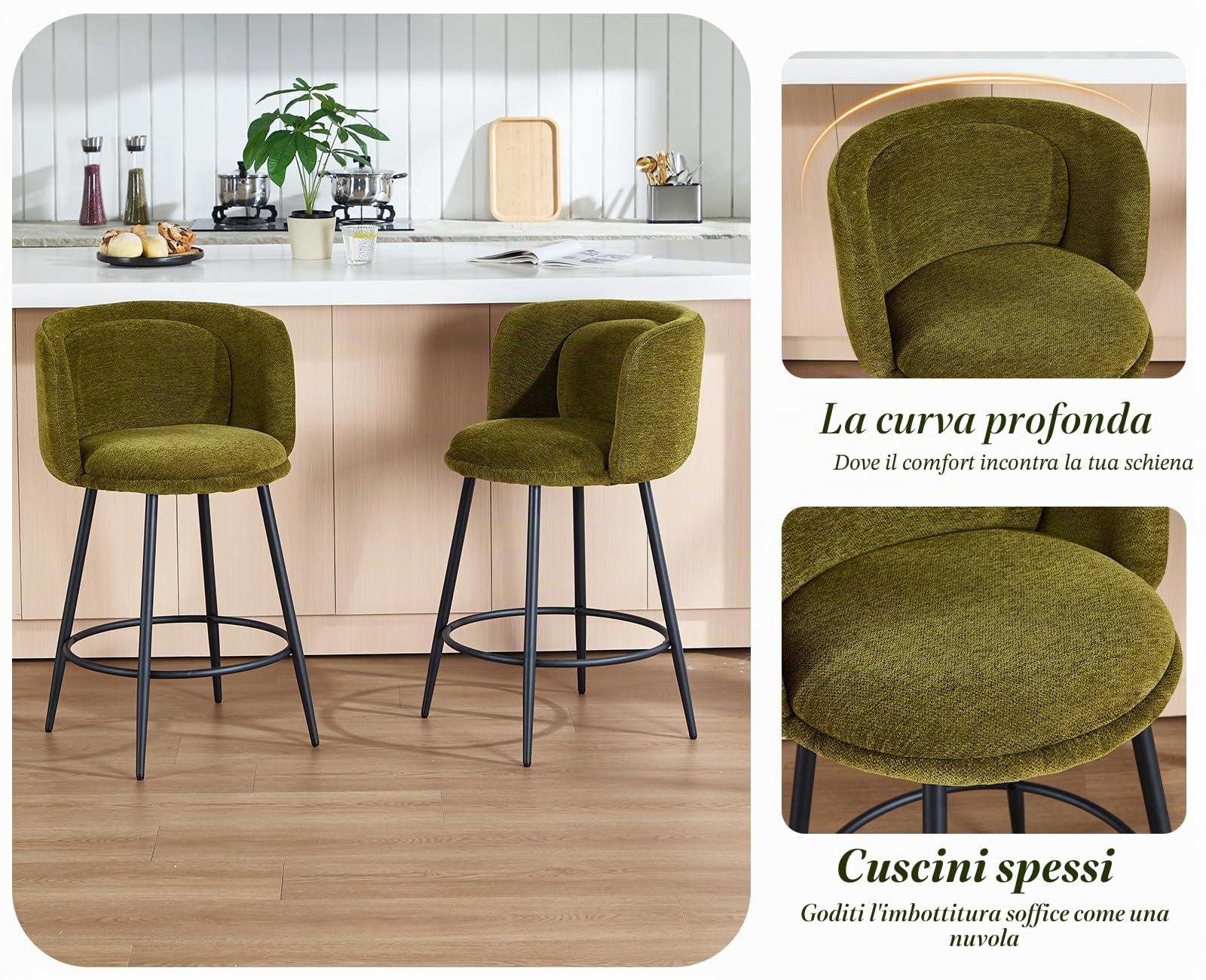 Ya-Home Set di 2 Sgabelli Cucina in Tessuto con Gambe in Metallo, Verde
