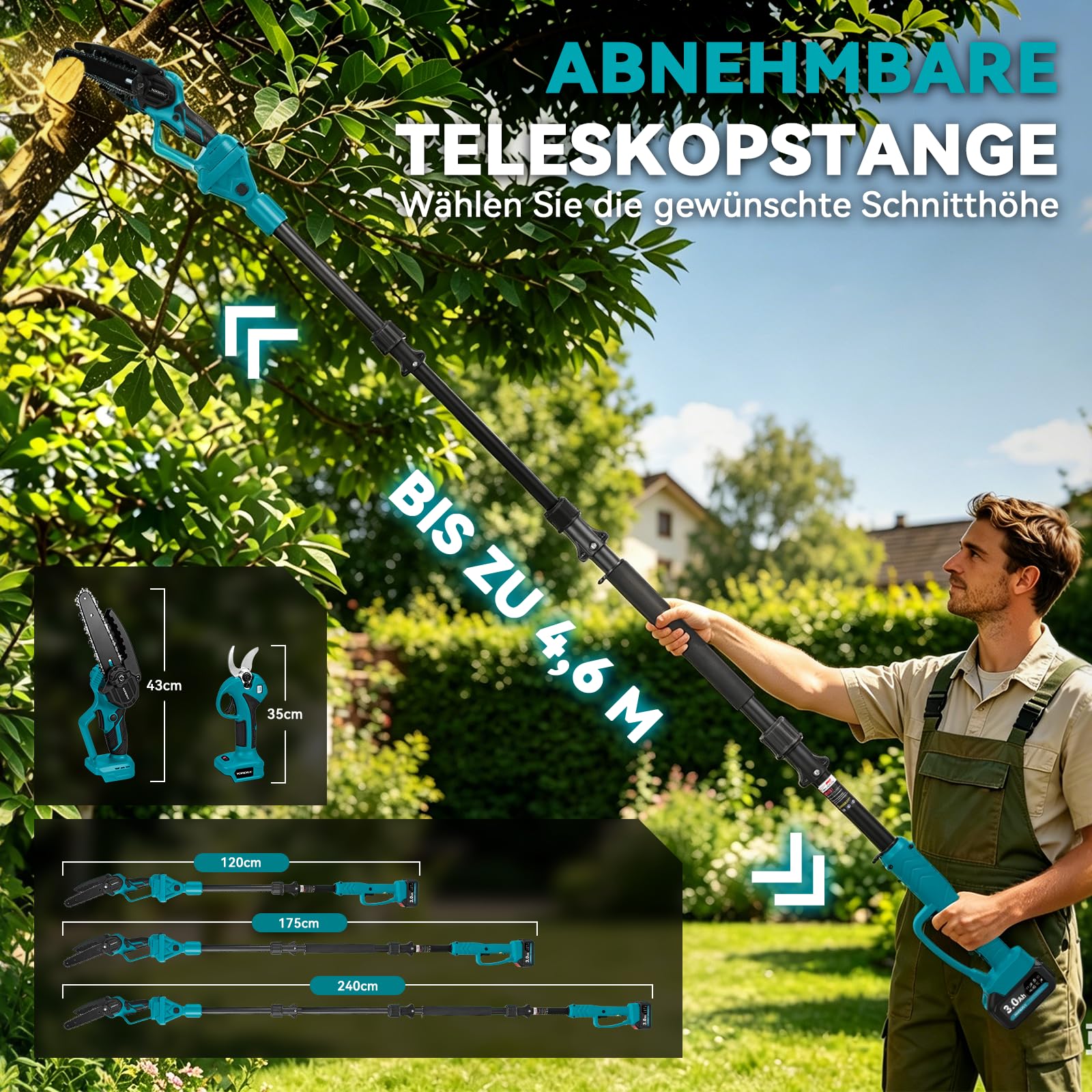 Yofidra 4-in-1 Akku Hochentaster, 6 Zoll Teleskop Kettensäge Akku & 30mm Elektrische Astschere, 180° Einstellbarer Winkel, Baumsäge Elektrisch mit 2x3.0Ah Akku, Teleskopstange bis zu 4,6m