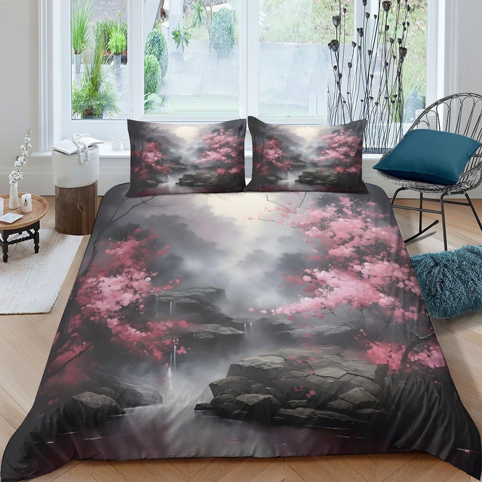 GPLZQXKJNH 3D Printed Misty Waterfall Duvet Cover Microfiber Soft Breathable Pink Cloud Bedding Set with 2 Pillowcases for Bedroom Decor Single（135x200cm）
