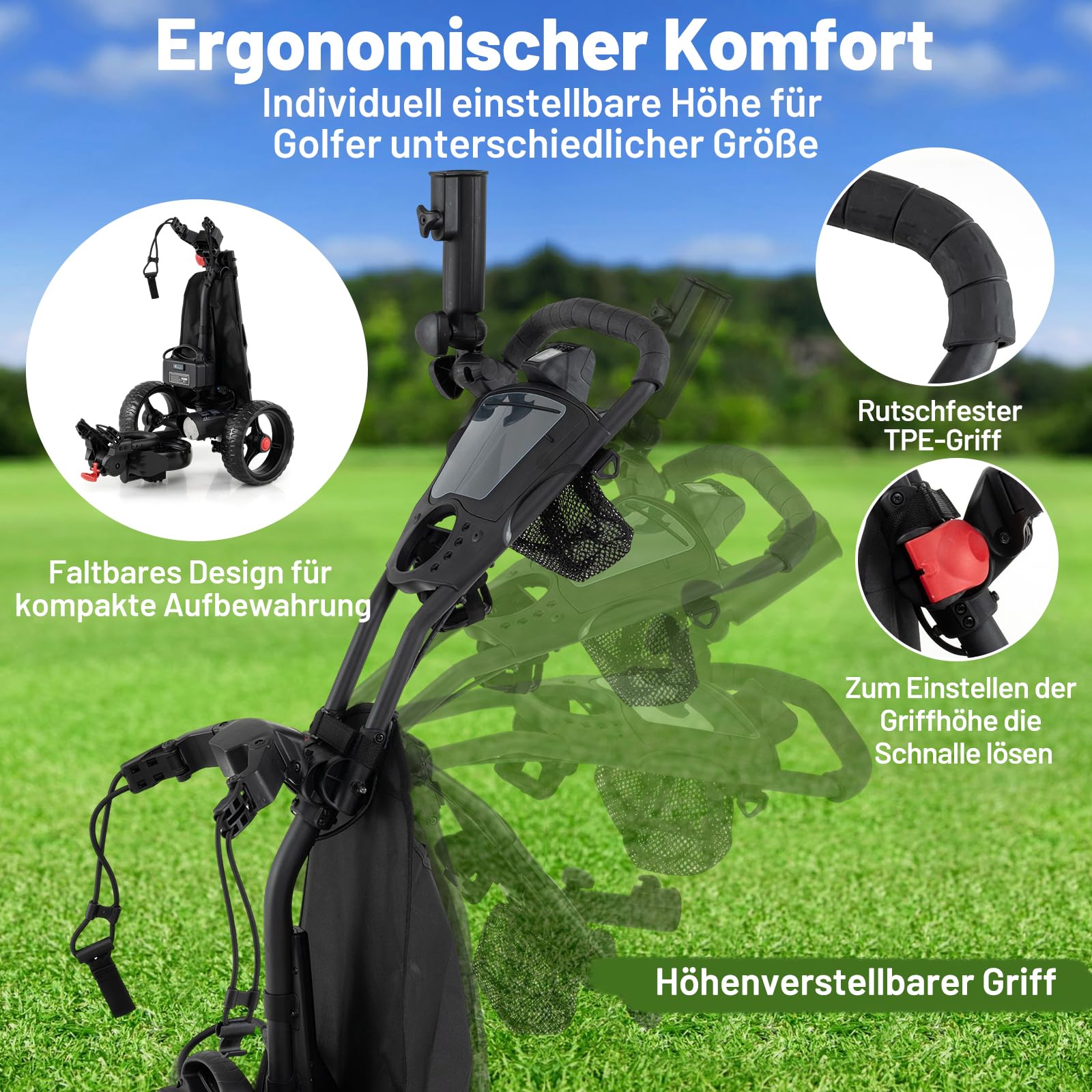 GYMAX Golftrolley Elektrisch, Faltbarer Golfwagen mit 9 Geschwindigkeiten, verstellbarem Lenker, Digitalanzeige & Drehrad-Steuerung, Golf Cart Elektro mit 3 Rädern, leicht