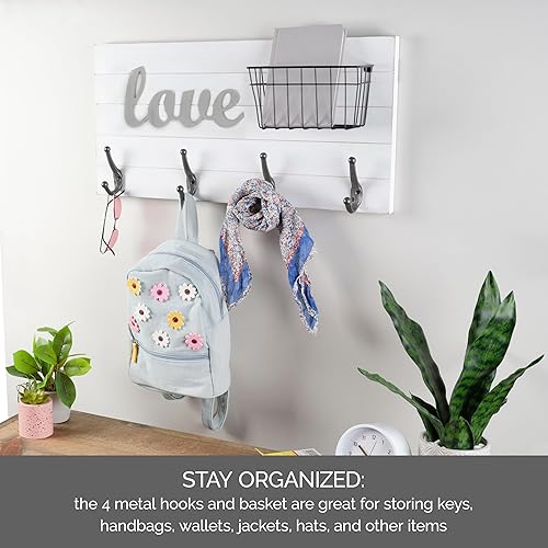 Miniatura 10 de Melannco Gancho de pared de madera blanca con cesta