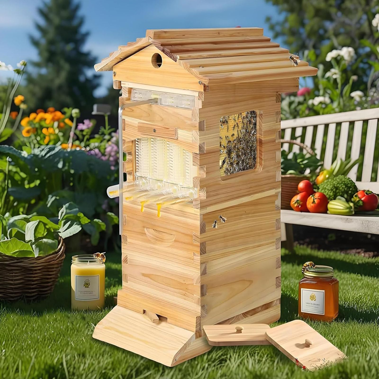 PixCy Flow Hive Beehive Starter Kit Complete Bee Box with Observation Window & Honey Spout Bee Hive for Beekeeping Includes Carpenter Bee House for Garden Pollinators