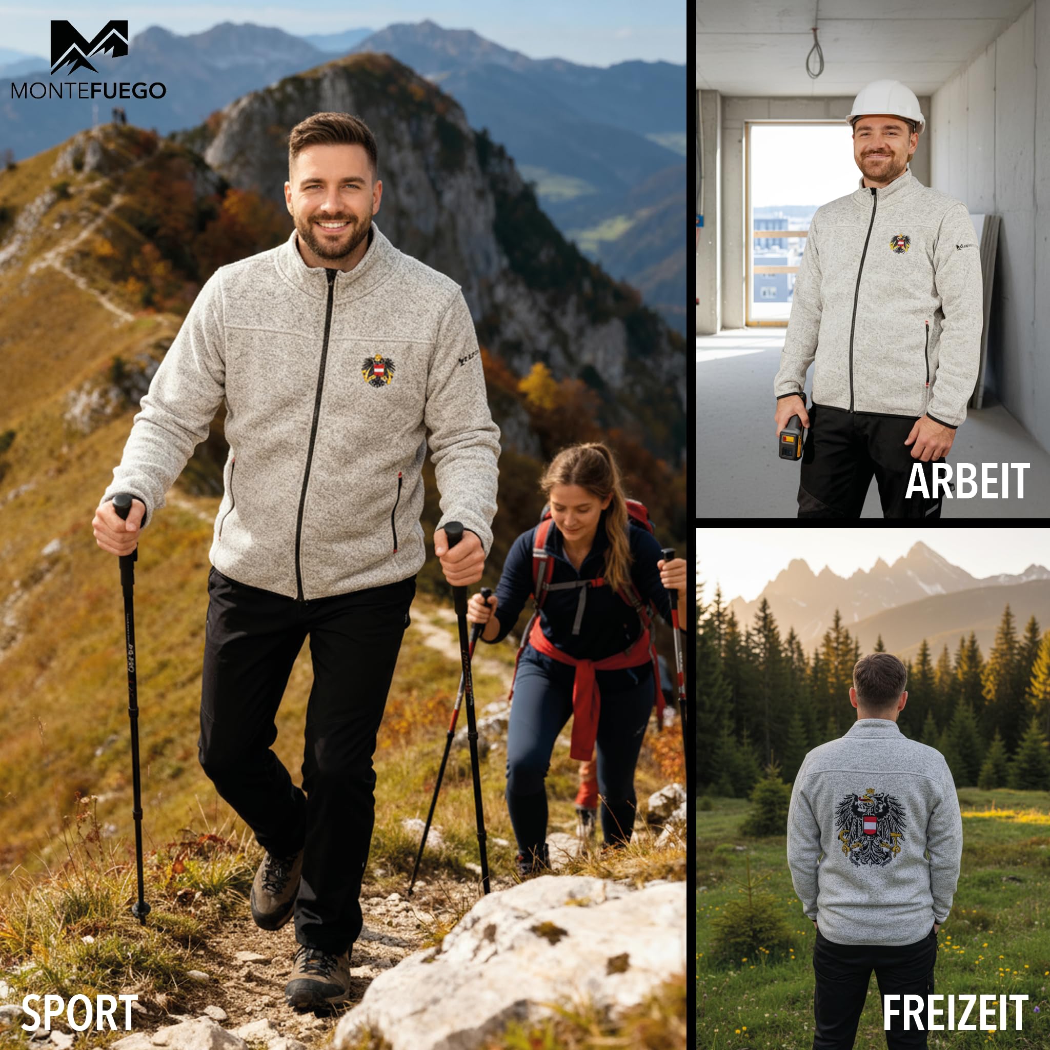 MONTE FUEGO Österreich Jacke Herren Grau mit Reißverschluss, Österreich Adler Stick, Fleecejacke Herren, Jacke Herren div. Größen, Übergangsjacke Herren