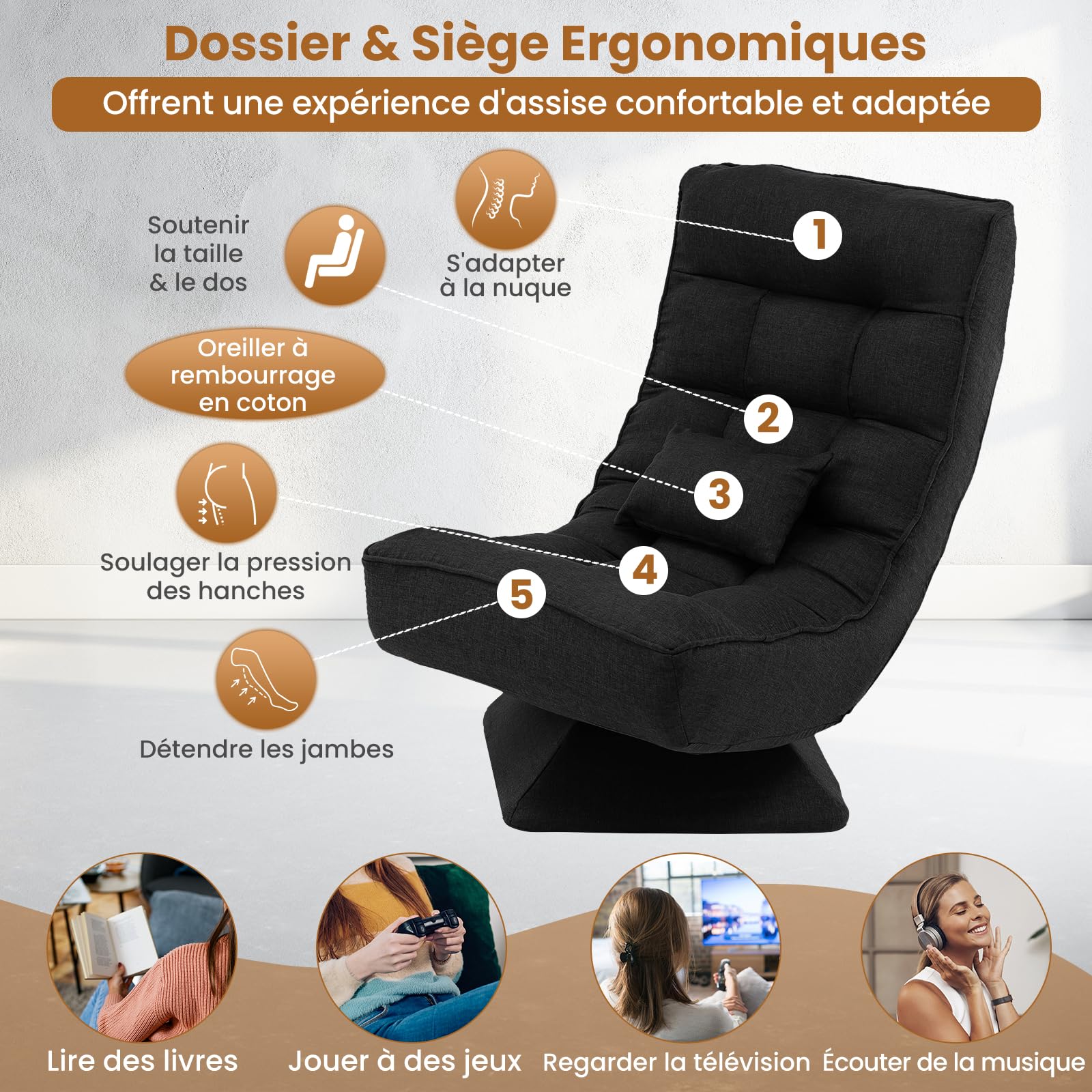 GOPLUS Silla de Suelo giratoria Plegable con Respaldo Ajustable de 5 Posiciones y cojín, sofá reclinable meditación Carga 110 kg, salón y Dormitorio， 63 x 71 x 92,5 cm (Negro)
