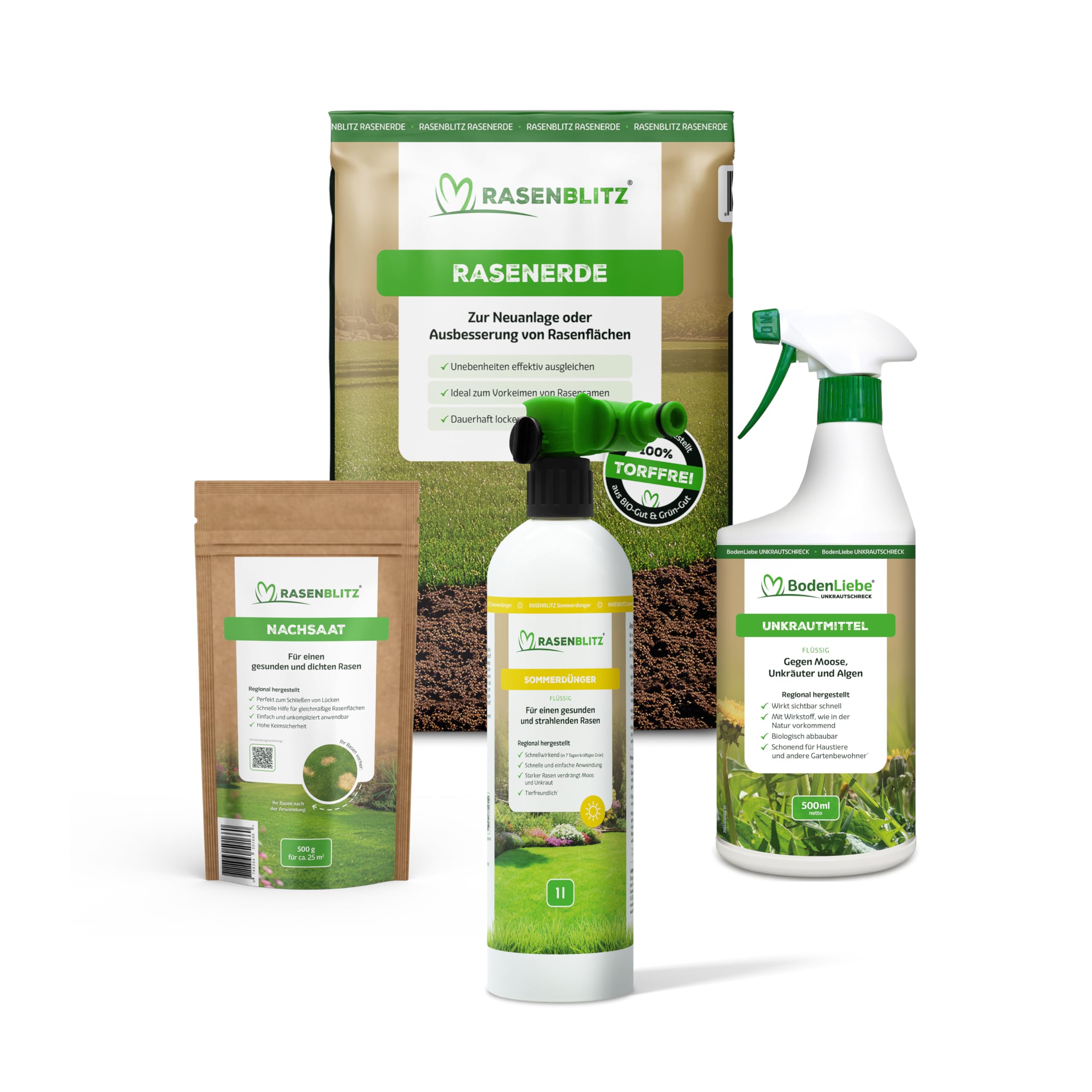 RASENBLITZ Sommerdünger flüssig Set 1 L Rasendünger | flüssig, inkl. UNKRAUTSCHRECK 500ml, NACHSAAT 500g & RASENERDE 10L, für starken Rasen trotz Hitze, ideale Hilfe