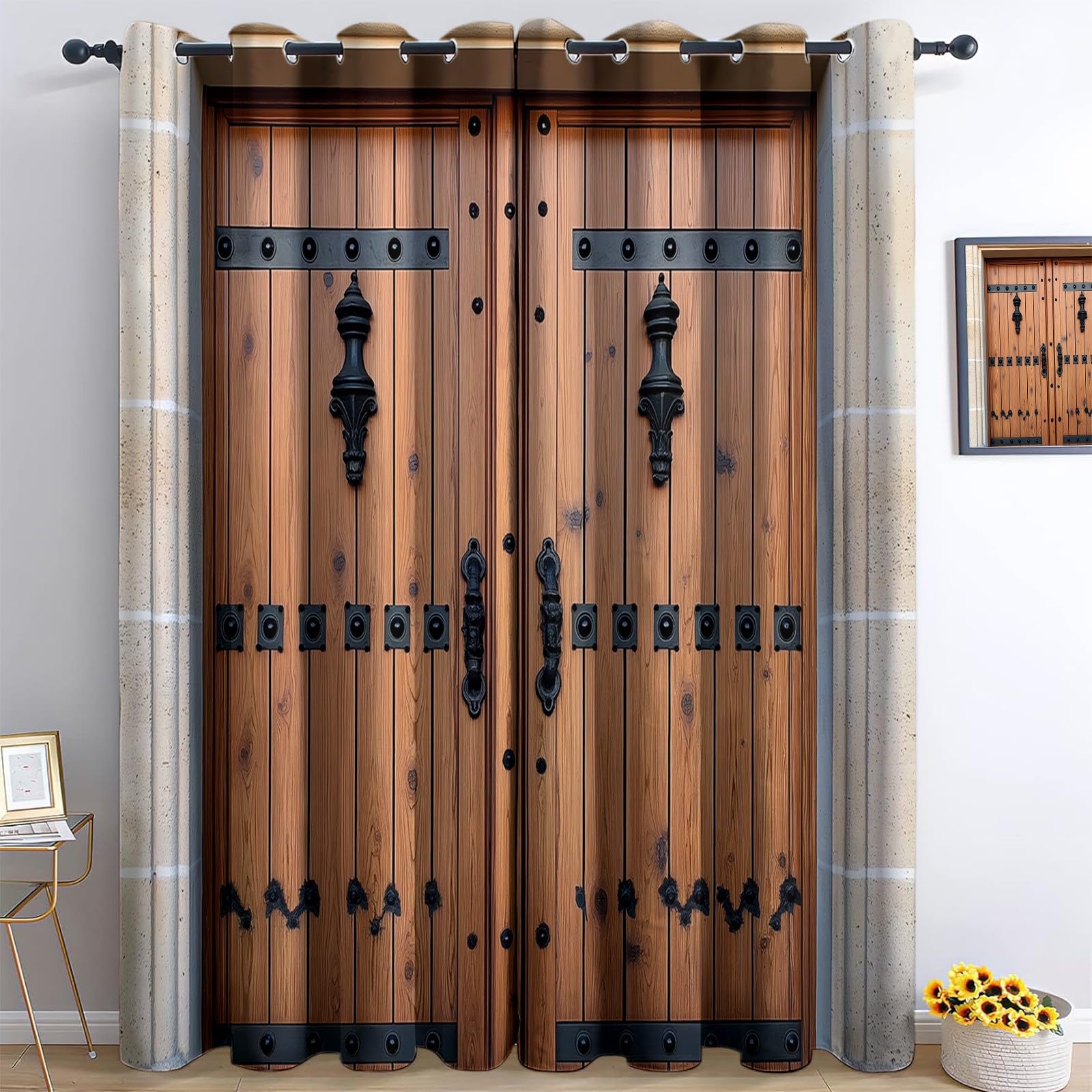 Rideaux occultants porte en bois rétro thermiques opaques L140xH245 cm