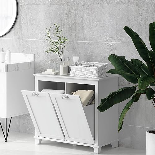 Miniatura 7 de HOMCOM Gabinete de lavandería con doble inclinación, armario de almacenamiento de baño con canasta de 2 compartimentos, gabinete de baño moderno