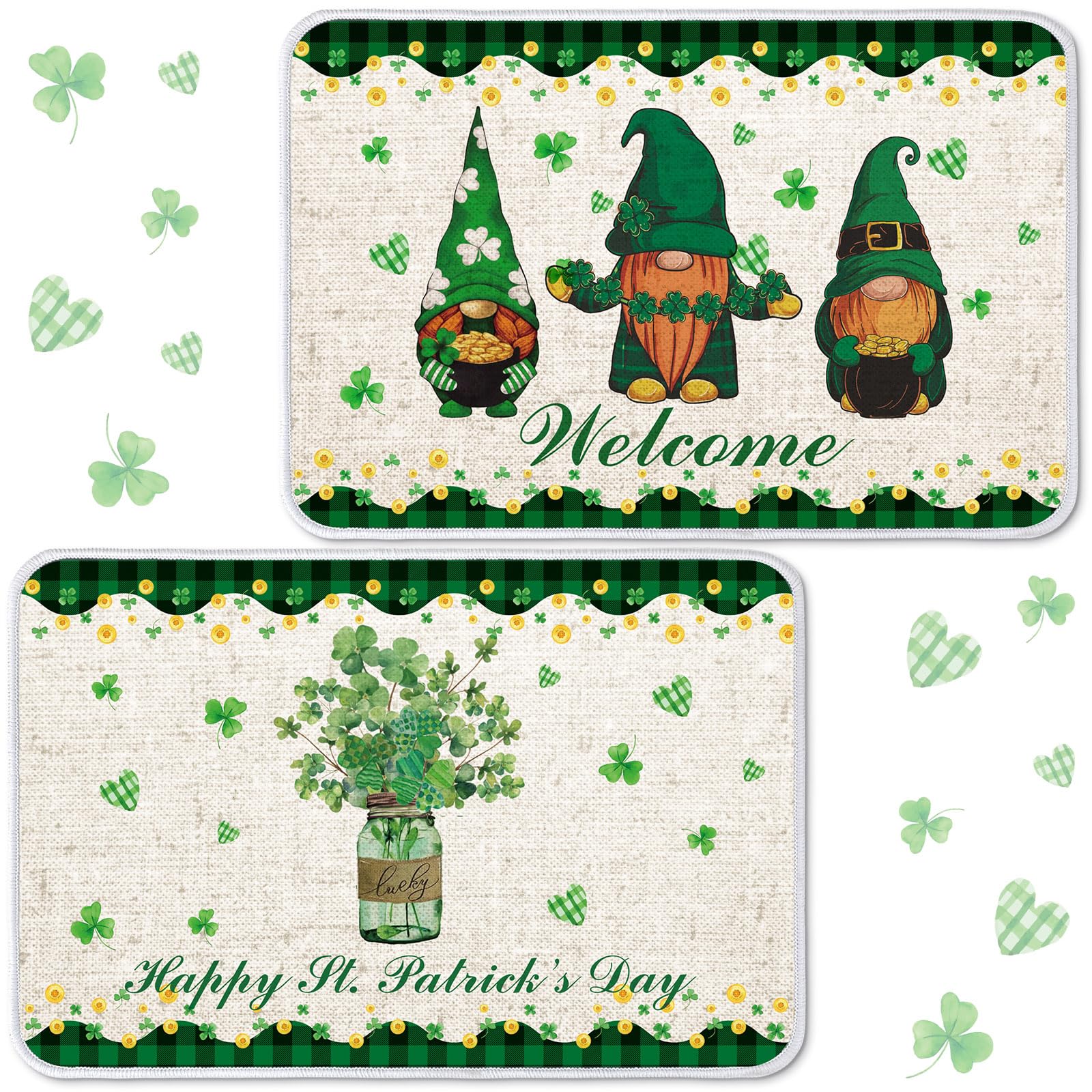 Drydiet 2 Pcs St. Patrick's Day Door Mat 15.7 x 23.6 Inch St. Patrick's Day Front Door Mat Anti Slip Clover Gnome St. Patrick's Day Outdoor Mat for