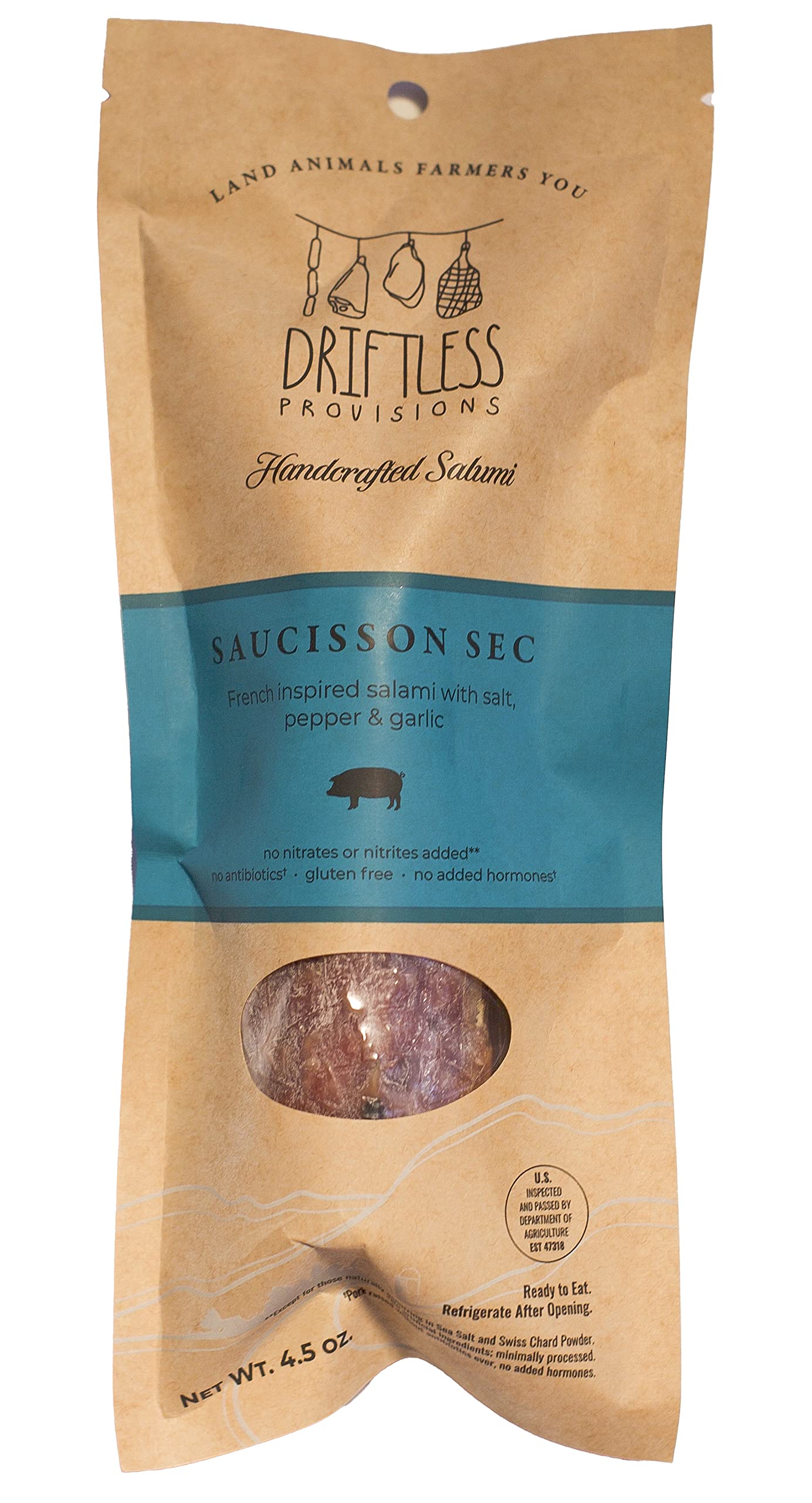 Driftless Provisions Artisanal Saucisson Sec Uncured Dry Salami - Naturally Fermented - Nitrate and Nitrite Free* - Antibiotic and Hormone Free -