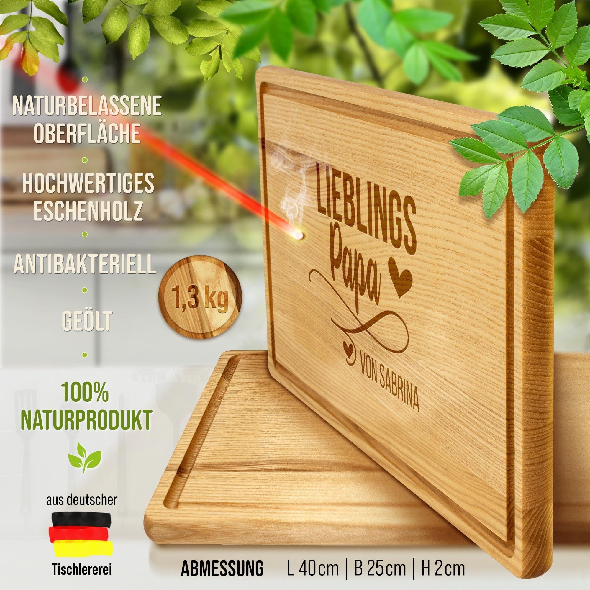 PR Print Royal Großes Holzbrett mit Gravur - Eschenholz, 40 x 25 x 2 cm - Lieblingspapa - Schneidebrett personalisiert, Geschenke für Papa zum Geburtstag | personalisiertes Geschenk
