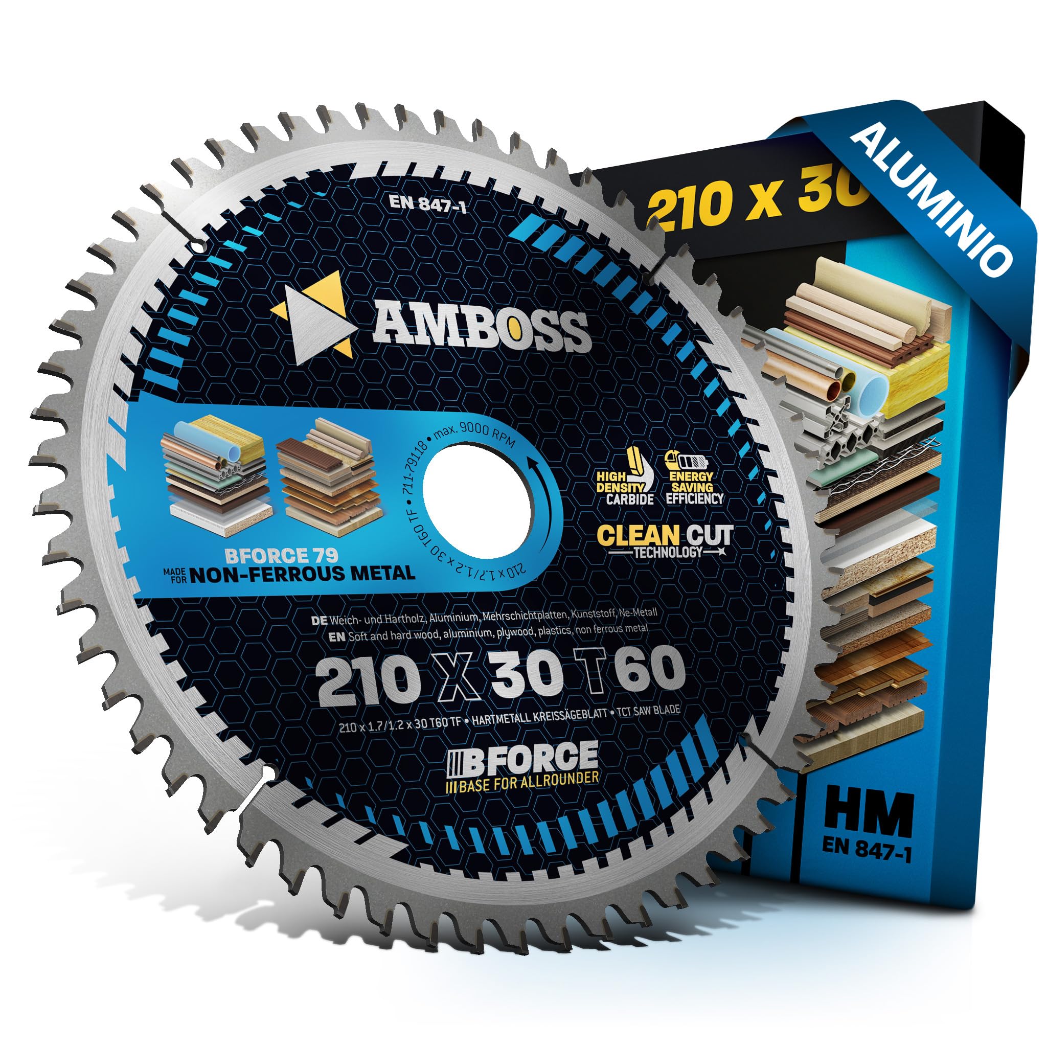 AMBOSS hoja de sierra circular 210 x 30 mm (aluminio) - hoja de sierra 210 con 60 dientes - hoja de sierra circular Ø 210 mm - compatible con Powerplus: POWX0550 Scheppach: PL75 Scheppach: HS80
