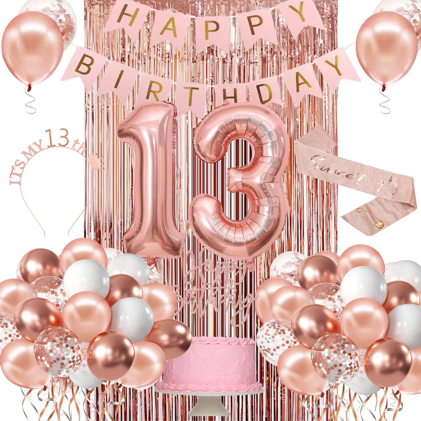 13th Birthday Decorations for Her, Happy 13th Bday Decorations for Women, Rose Gold 13 Birth-day Banner, Crown, Sash, Cake Topper And Number Balloon, 13 Birthday Party Supplies for Her