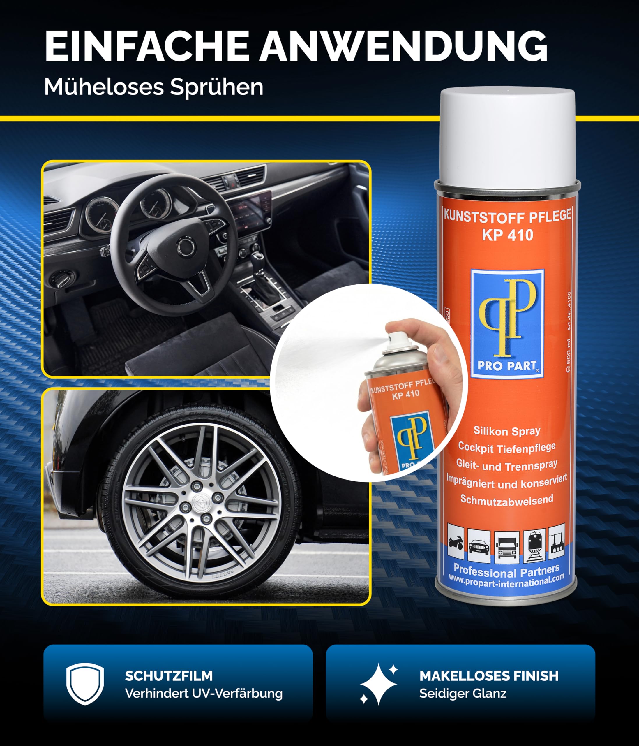 Pro Part® Kunststoffpflege KP 410 – 3 x 500 ml – Autopflege für Kunststoff & Gummi, extremer UV-Schutz, hoher Silikonanteil, schützt vor Verschleiß & Verfärbung, frischt Kunststoff auf, Made in EU
