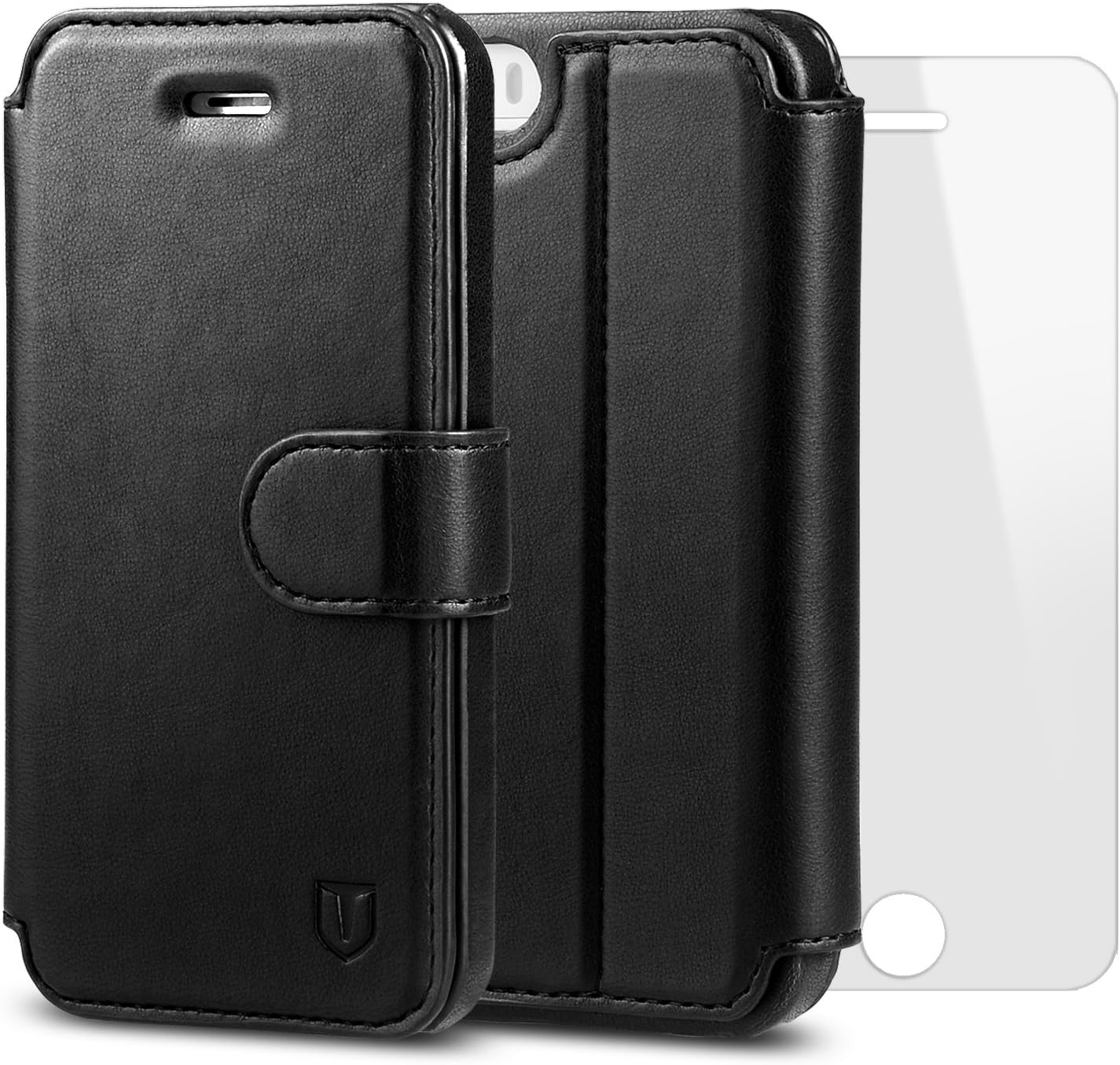 TANNC iPhone 5S Case iPhone SE Case, Flip Leather Wallet Phone Case [Screen Protector Included] [Layered Dandy] - [Card Slot][Flip][Wallet] - For Apple iPhone 5/ 5S/ SE Devices - Black
