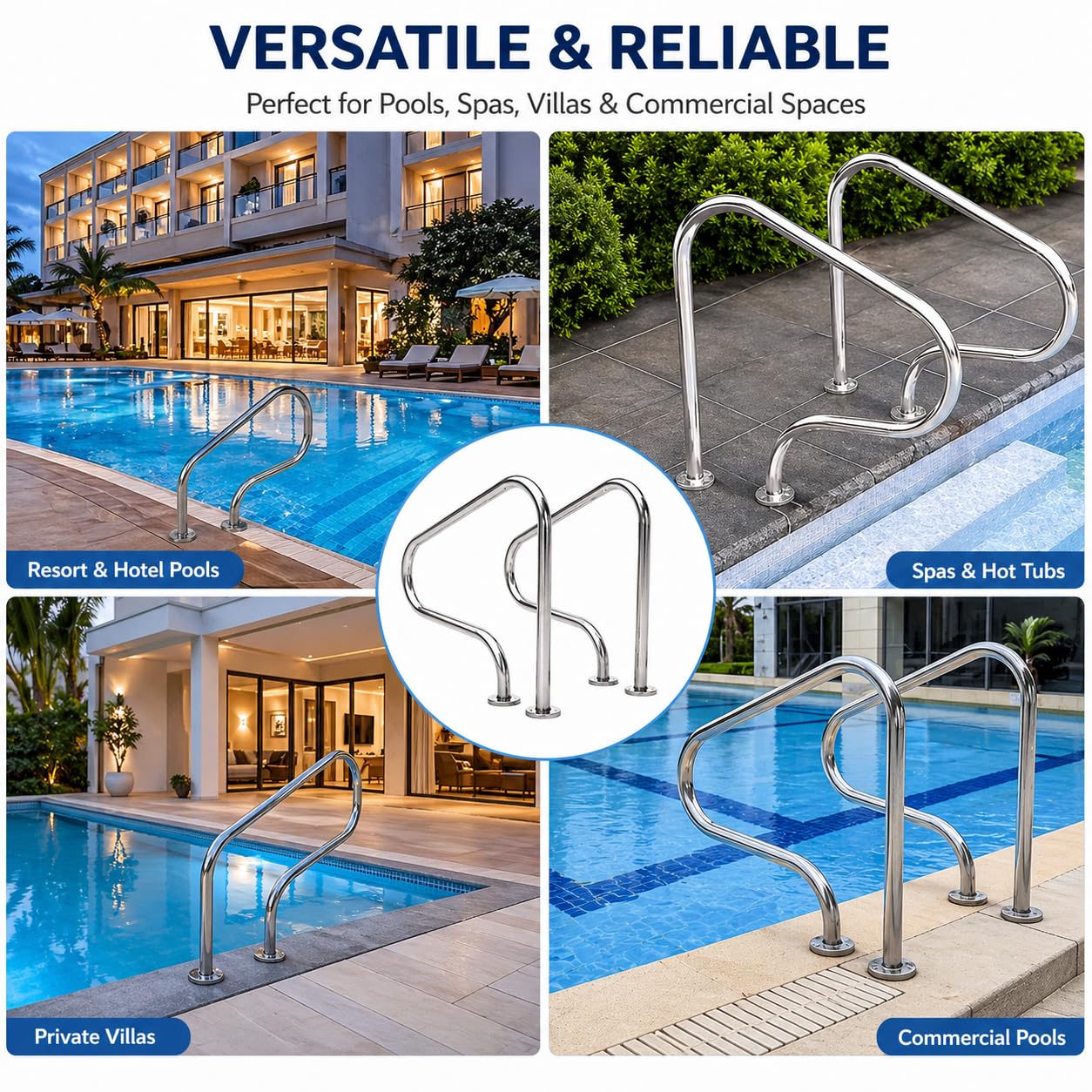 Main courante de piscine en acier inoxydable 316, épaisseur 0,15 cm, argent