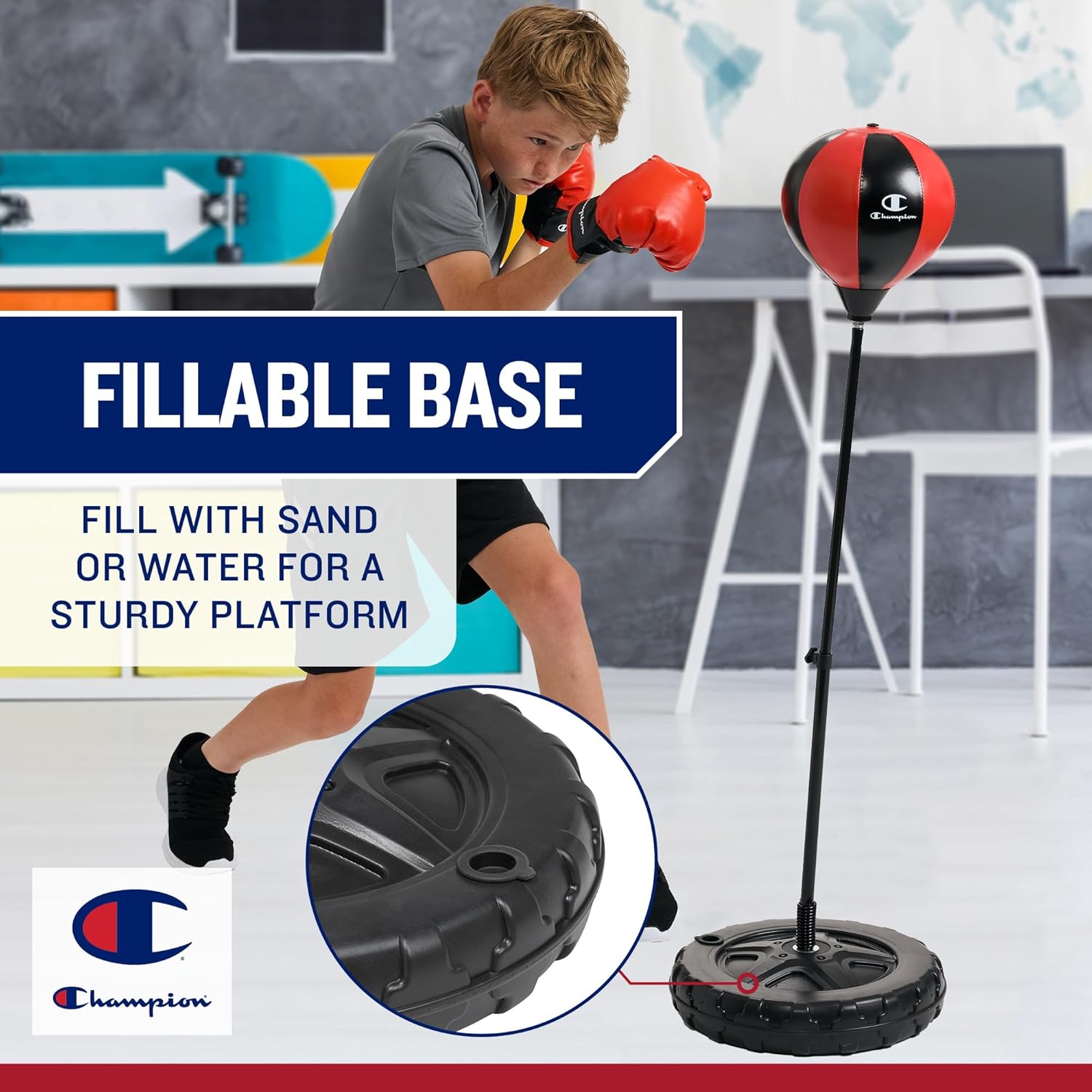 Champion Boxing Punching Bag Set for Ages 3-10 (Red/Black), Adjustable 30”-43” Stand, PU-Covered Foam Boxing Gloves & Water/Sand Fillable Base for Indoor & Outdoor Use - Image 6