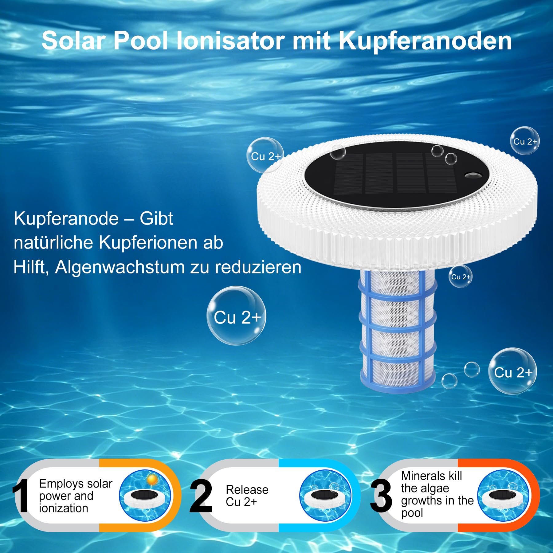 sylvwin Solar Pool Ionisator mit Kupferanoden, Schwimmender Wasserreiniger mit Kupferanode für Schwimmbäder, Solar Poolbeleuchtung, RGB Solarleuchten, Wasserreiniger Für Pools Und Spas