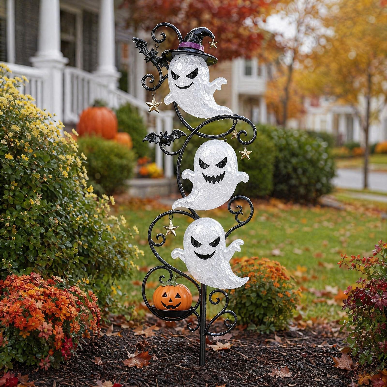 Solar Cute Pumpkins Ghosts Witch Hat Stake Light Halloween Garden Yard