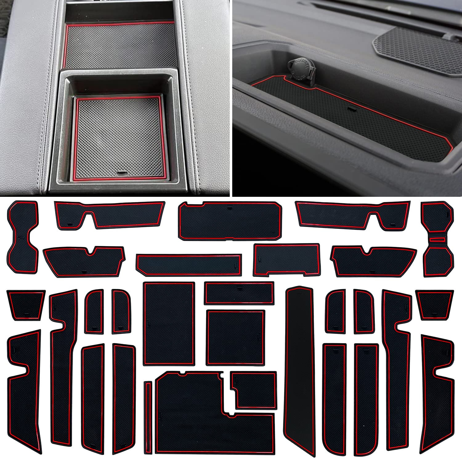 Photo 1 of LOCOY Center Console Liner Fit for Toyota Tundra CrewMax Accessories 2022 2023 Cup Holder Insert, Door Pocket Pad, Custom Interior Anti-Dust Non-Slip Mat, Rubber Coaster (30 Pcs, Red Trim)