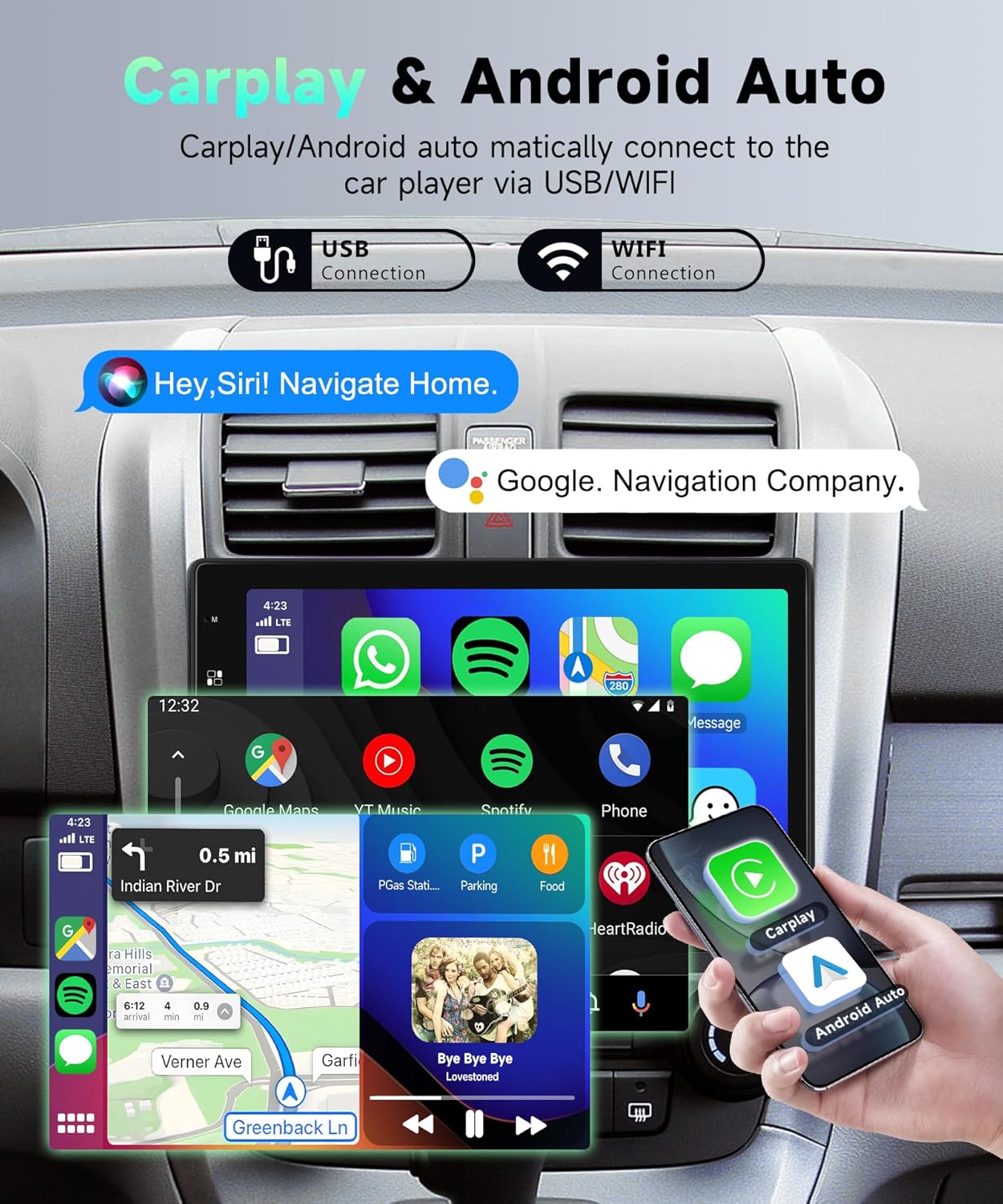 Screenshots showing Carplay and Android Auto interfaces on the car stereo, with navigation and music apps displayed.