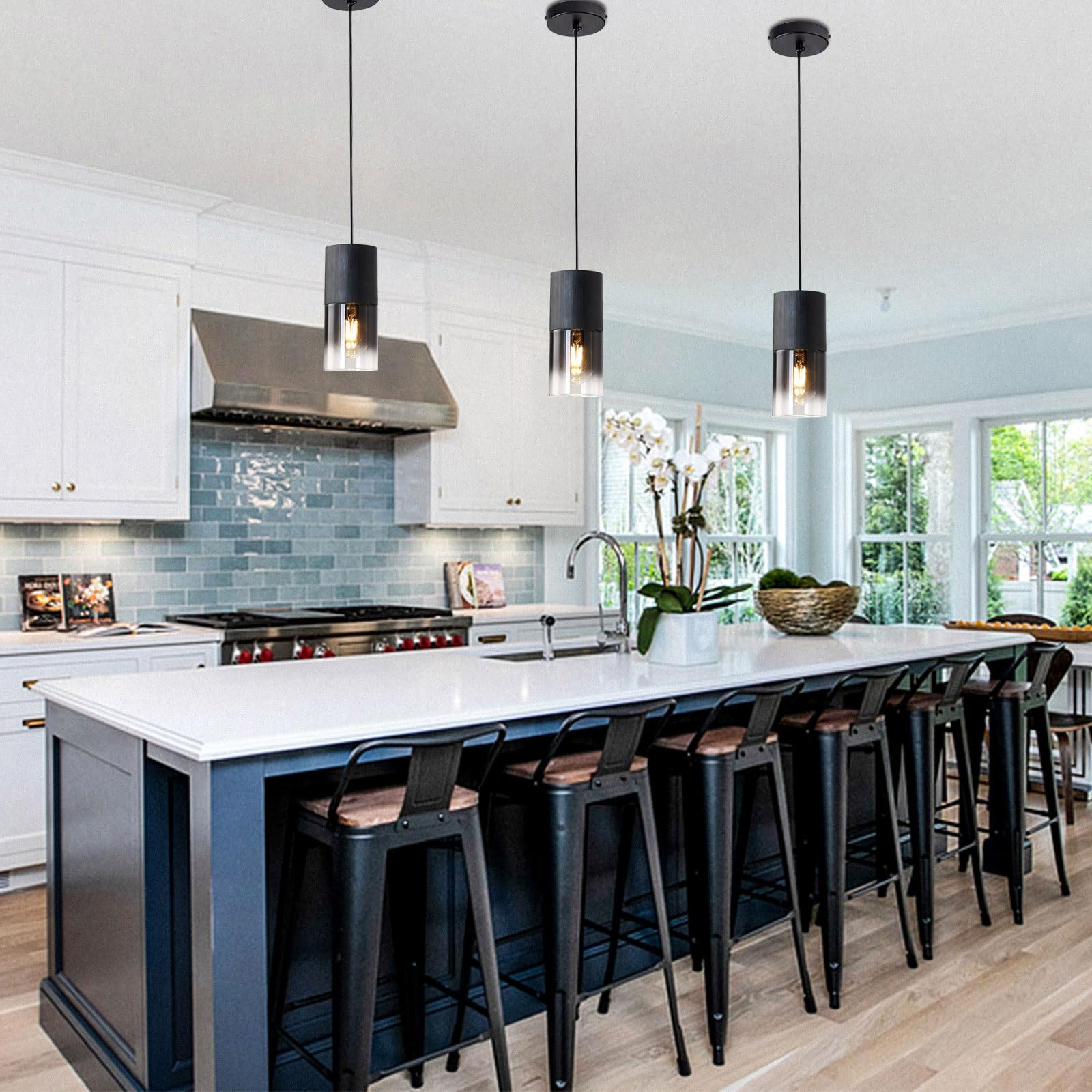 Lustre Noir, Lustre Salon Appareils de Lustre Chambre, Modèles Modernes Réglables pour Île de Cuisine, Lampes en Verre Industrielles pour Table à Manger, 1 Pièce, Ampoules Non Incluses