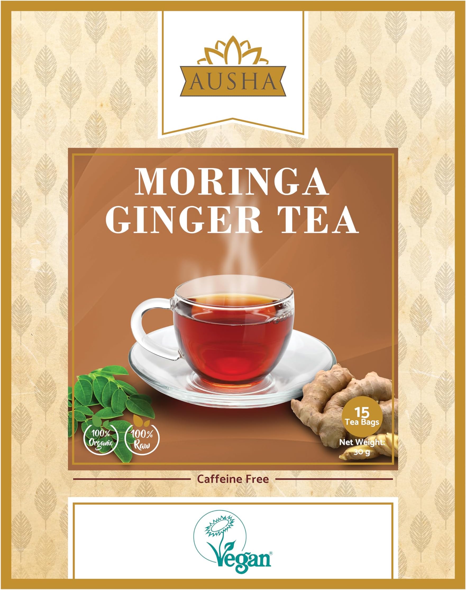 Ausha Moringa Ginger Tea Bags - 20 Bags - Caffeine Free - Digestion, Immunity - Source of Protein, Amino Acids, Antioxidants, Dietary Fibre, Vitamins & Minerals - Moringa tea Bags