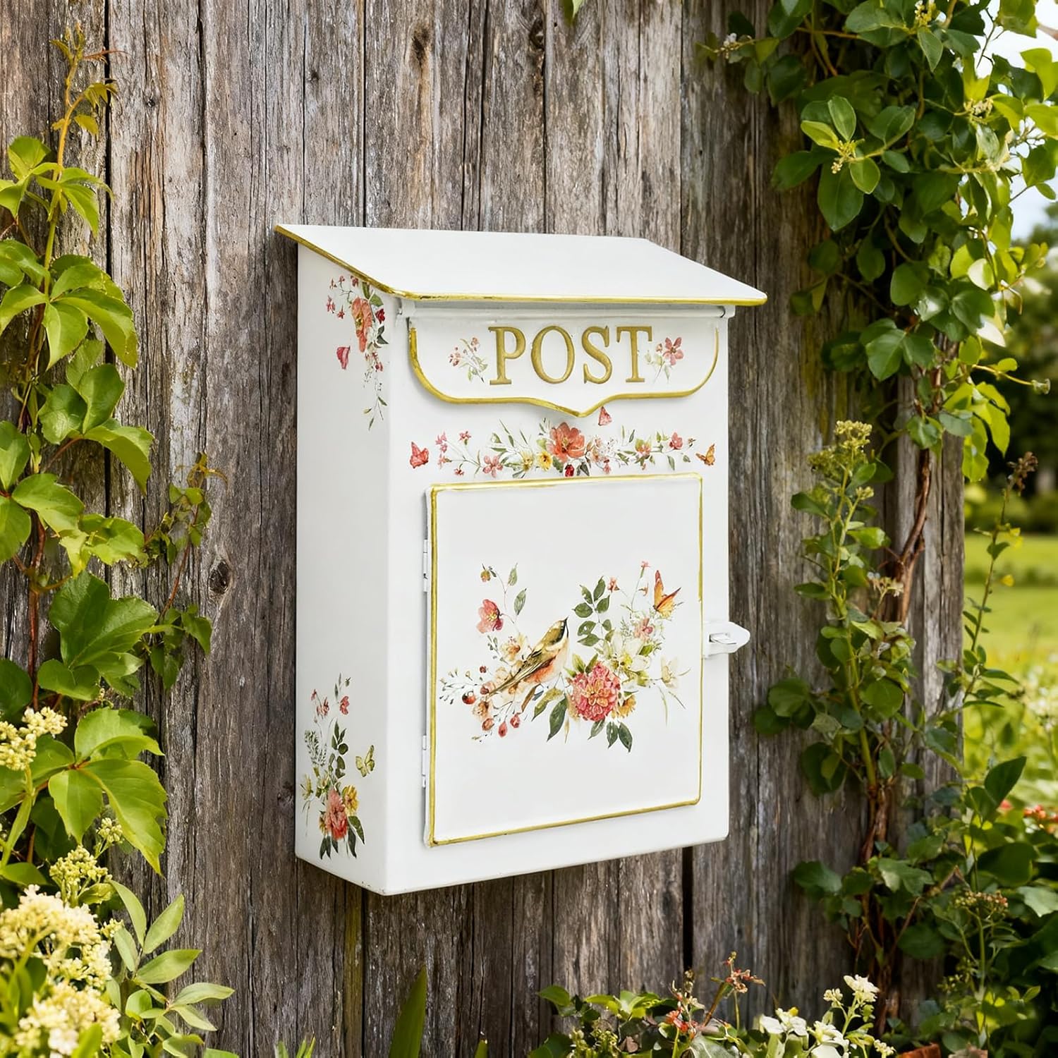 Vintage Wall Mount Mailbox for Outside Metal Mail Boxes for House Outside Door Mailbox Drop Box Antique Style Nostalgic Charm Home Decorative (White, S)