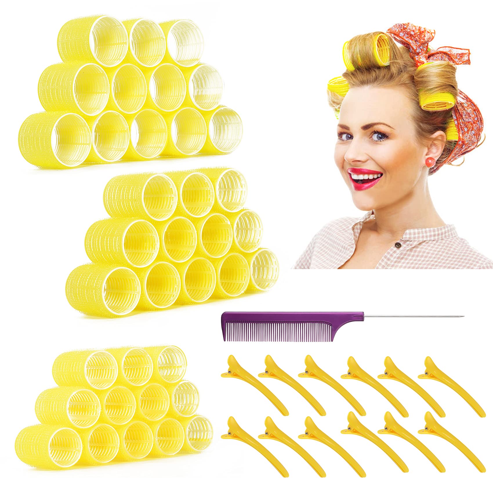BuQiuRen 36 Packs Self Grip Hair Rollers Set, Jumbo Size Hair Roller, with Hairdressing Curlers, Plastic Comb, Duckbill Clips (12XJUMBO+12XLARGE+12XMEDUIEM)