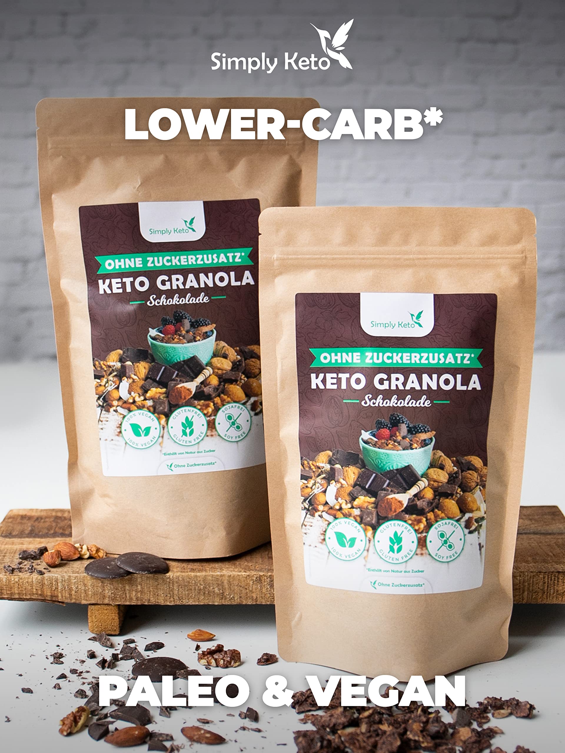 Simply Keto Muesli crujiente de chocolate - Muesli bajo en carbohidratos sin azúcar - 250g Delicioso Muesli Keto para un desayuno perfecto - Paleo y Vegano - Sin soja, lactosa y gluten - 250g