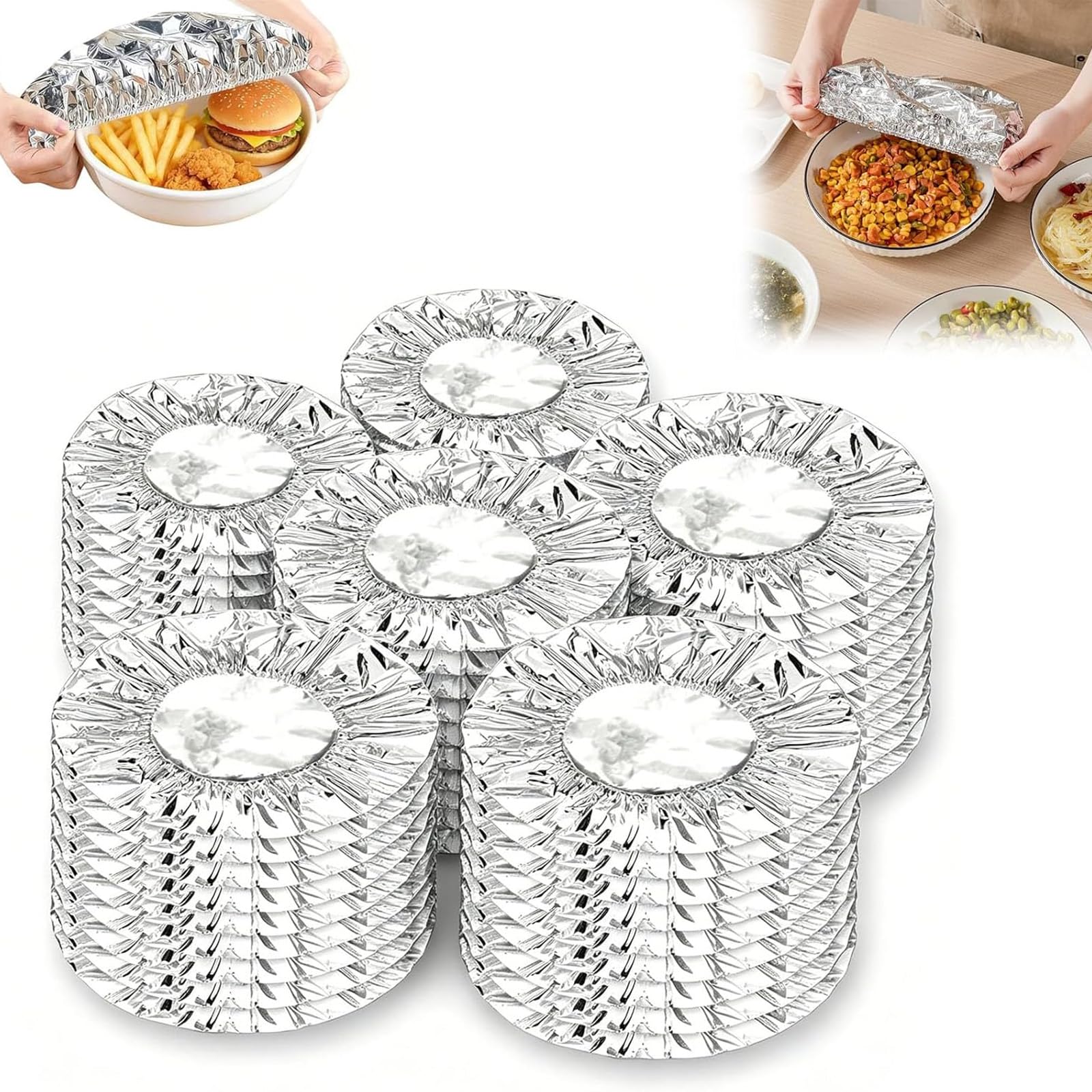 Reusable Insulated Aluminum Foil Food Covers Stretch Fit Foods Lids for Kitchen Bowls Plates Leftover Storage and Outdoor Picnic BBQ (150PC)