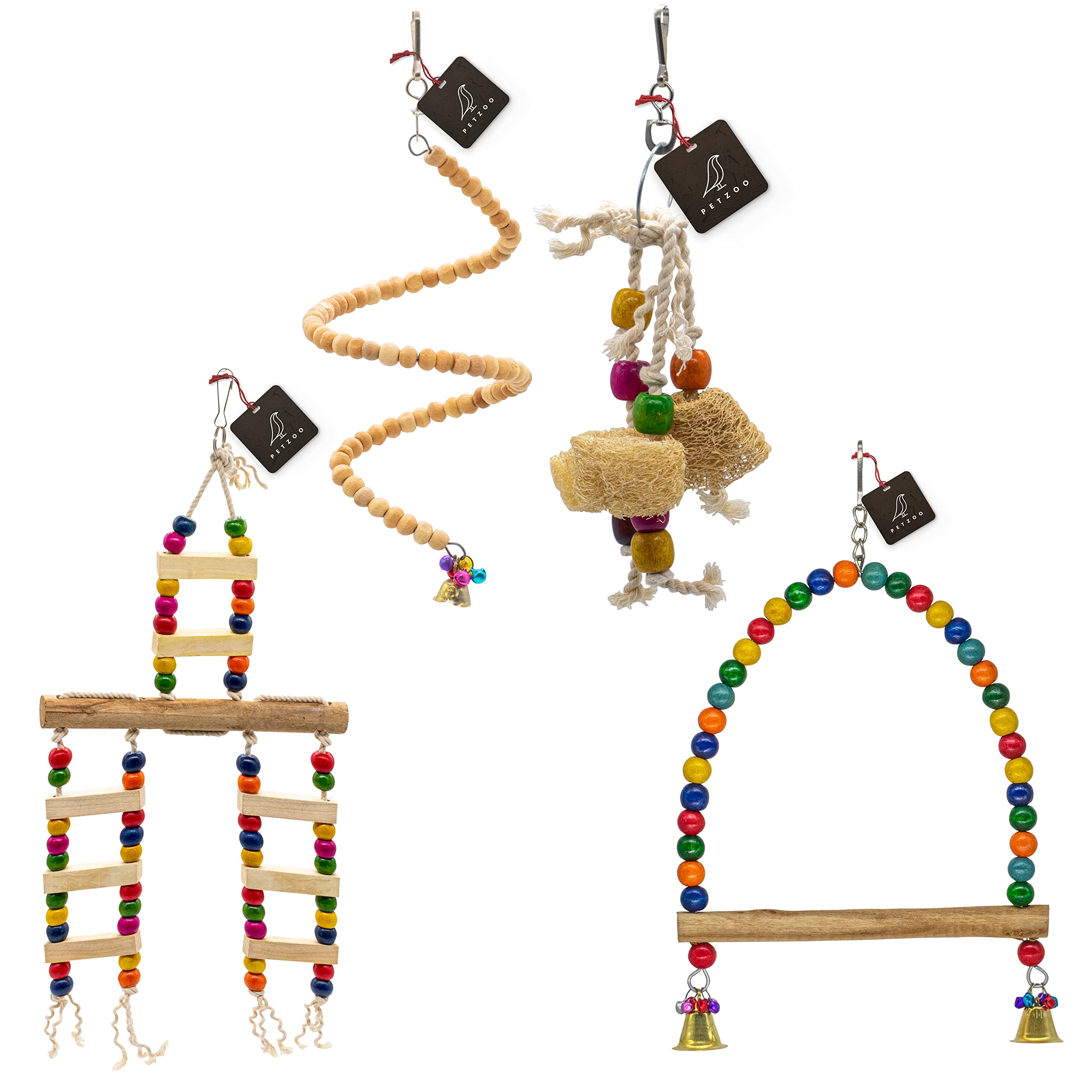 PETZOO Bundle of 4 Wooden Bird Toys Swing, Perch, Spiral Hanging & Mesh Chew Toy Hanging Cage Toy Resting Toy Chew Toy for Your Birds, Parrots, Finches, African Gray, Conure Activity (B0BTZ369HB) Amazon Price History, Amazon Price Tracker