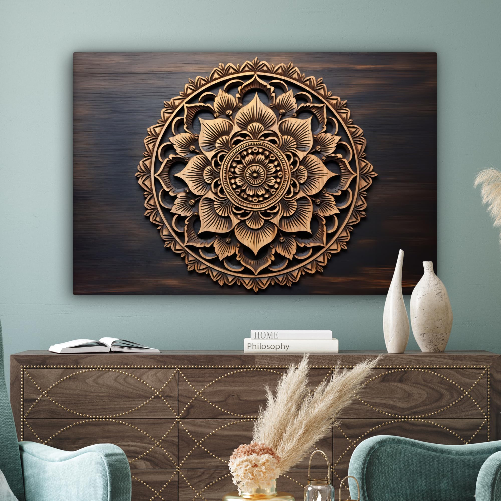 MuchoWow© Quadri Astratti su Tela Foto Quadro Moderno Soggiorno Canvas | 120x80 cm - Decorazioni Camera da Letto Mandala - Legno - Fiori - Marrone
