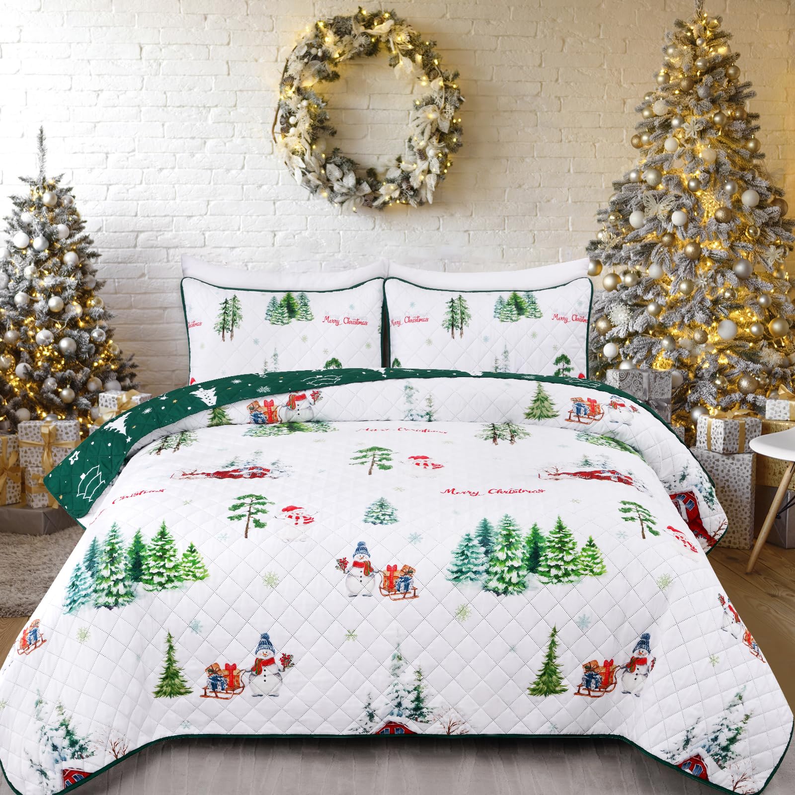 3 Pieces Christmas Quilt Set Queen, Lightweight Reversible Christmas Tree Snowman Comforter Bedding Set, Soft Microfiber Quilts Bedspread Coverle Merry Xmas, 1 Quilt 90