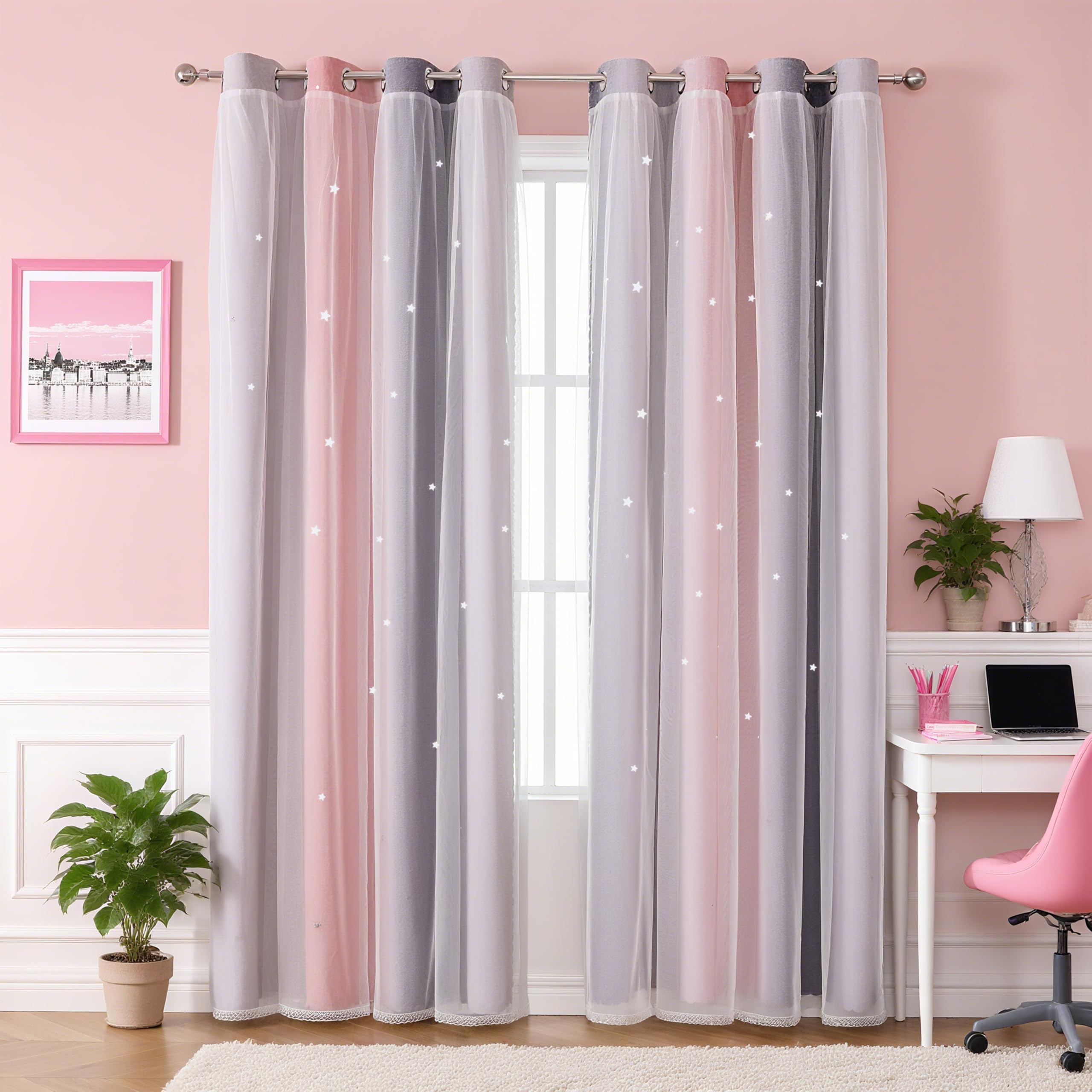 Freyamy Gardinen Rosa Grau Glänzend Sterne Vorhänge Blickdicht Kinderzimmer Halbtransparent H 160 X B 132cm Ösenvorhang 2er Set Mädchen Kindervorhänge Gardinen Verdunkelungsvorhang Wohnzimmer