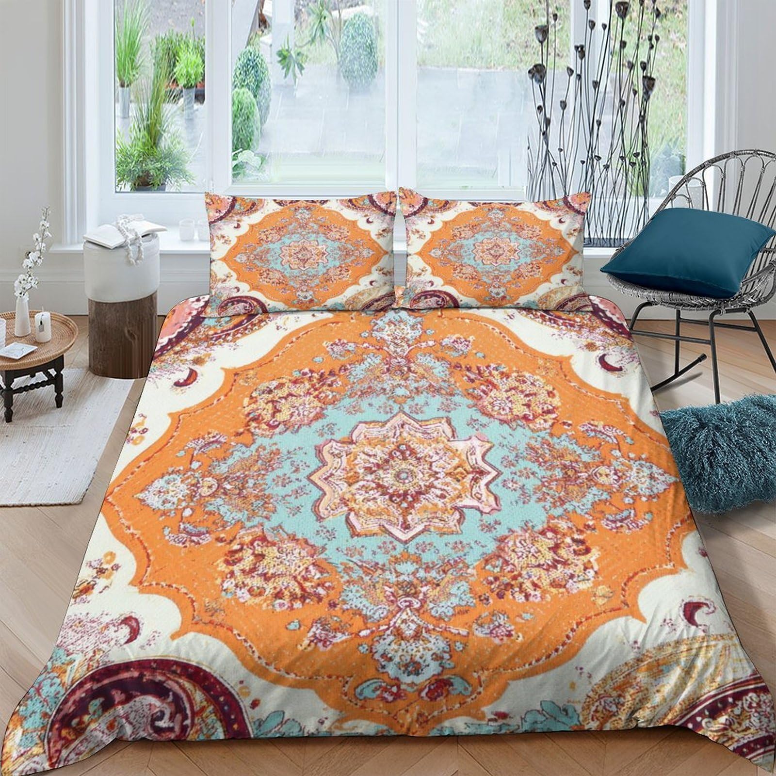 Ctjqhvkz Style-10 3D Printed Bohemian Mandala Fitted Sheet Microfiber Orange Ethnic Pattern Bed Cover For Bedroom Dorm Mattress Protection Decor Single（135X200cm）