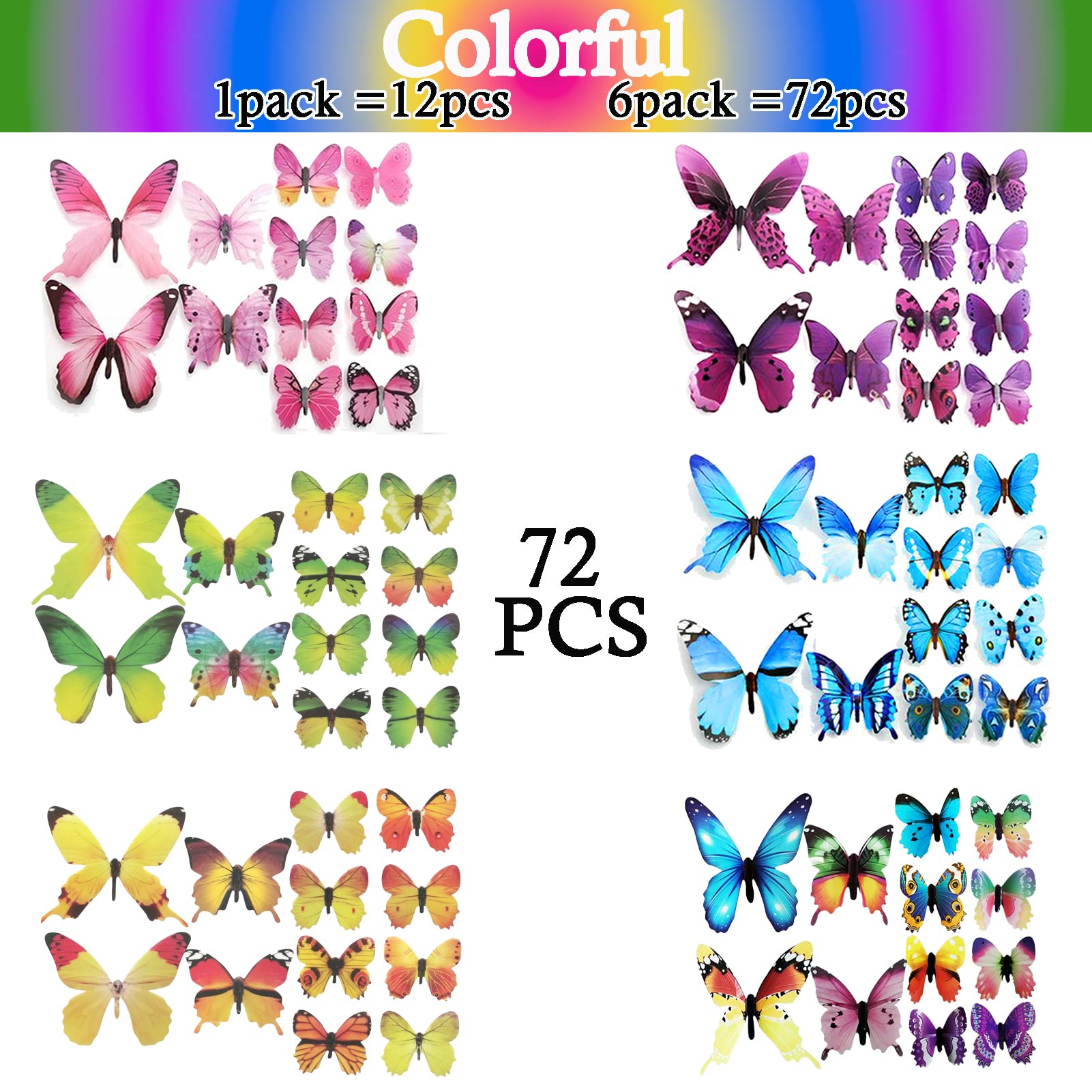 Ewong 72-Pack 3D Butterfly Wall Decals – Removable Pink & Purple Wall Stickers For Room Decor - View #3