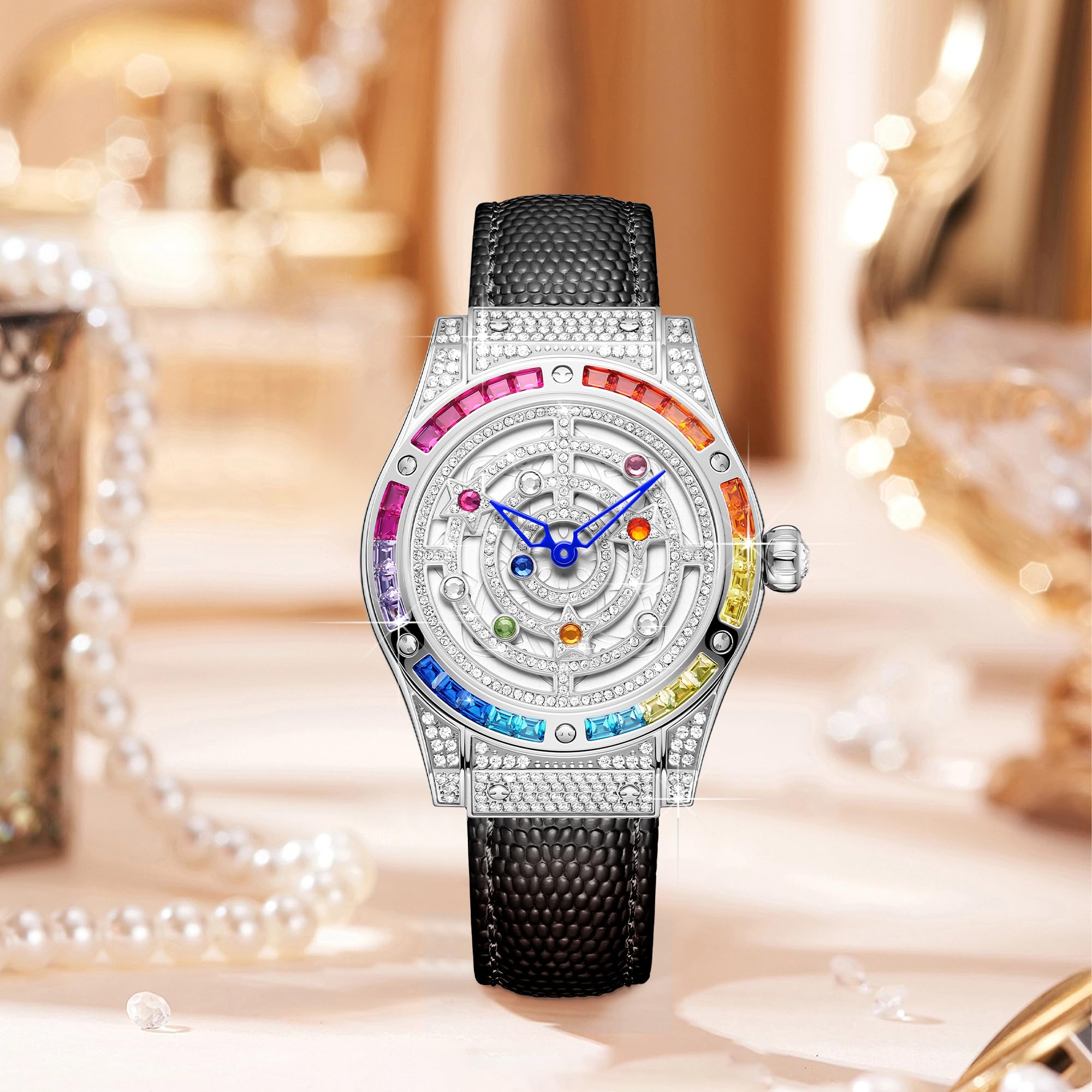 Luxuriöse Damenuhr mit Diamant-Inlay, mehrfarbige Zirkon-Akzente, Saphirglas-Zifferblatt, echtes Lederarmband, elegante Damen-Armbanduhr