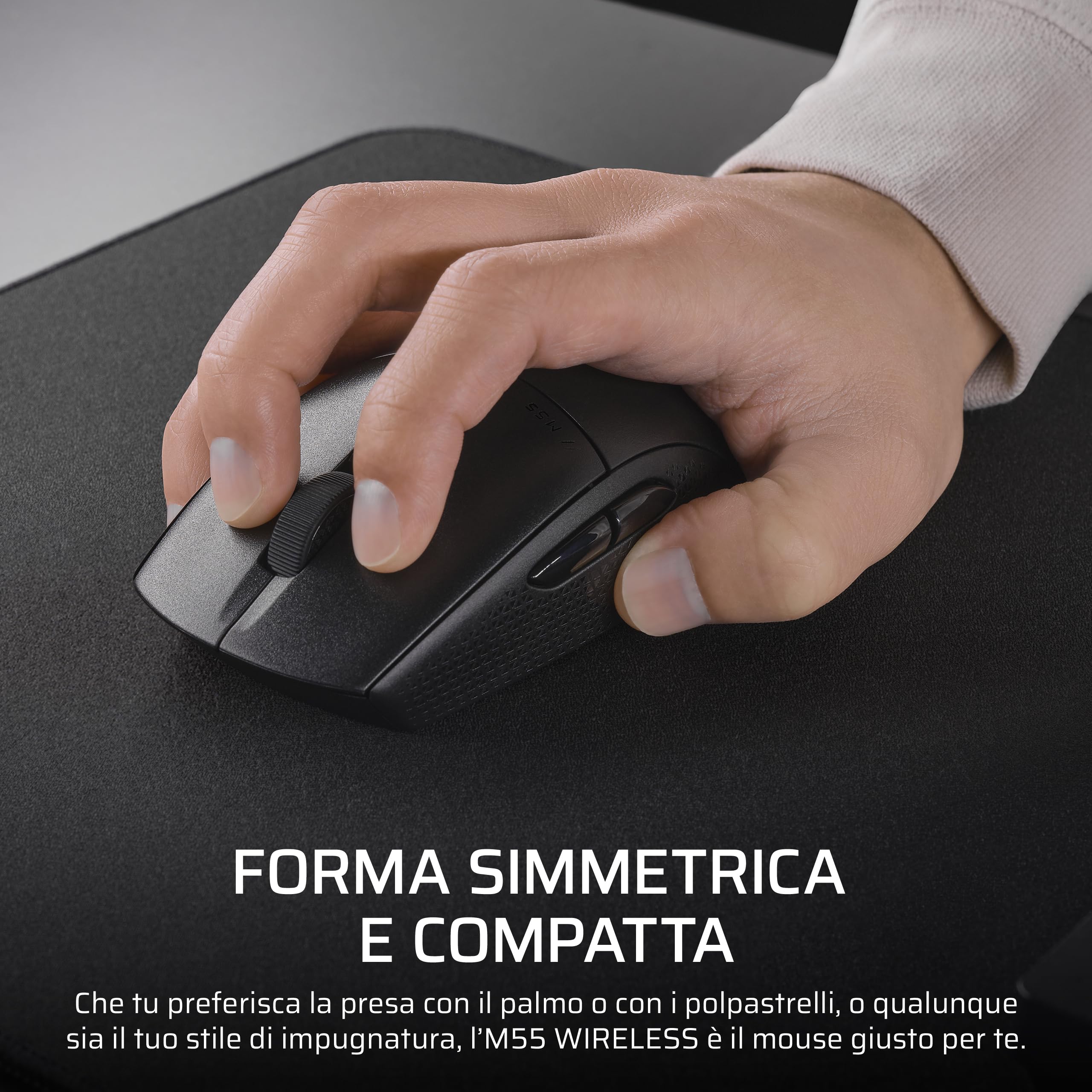 Corsair M55 WIRELESS Mouse da Gioco FPS Leggero – Nero | 2.4GHz & Bluetooth, 24.000 DPI, Batteria di Lunga Durata, Sei Pulsanti Programmabili, Impugnature Laterali Testurizzate