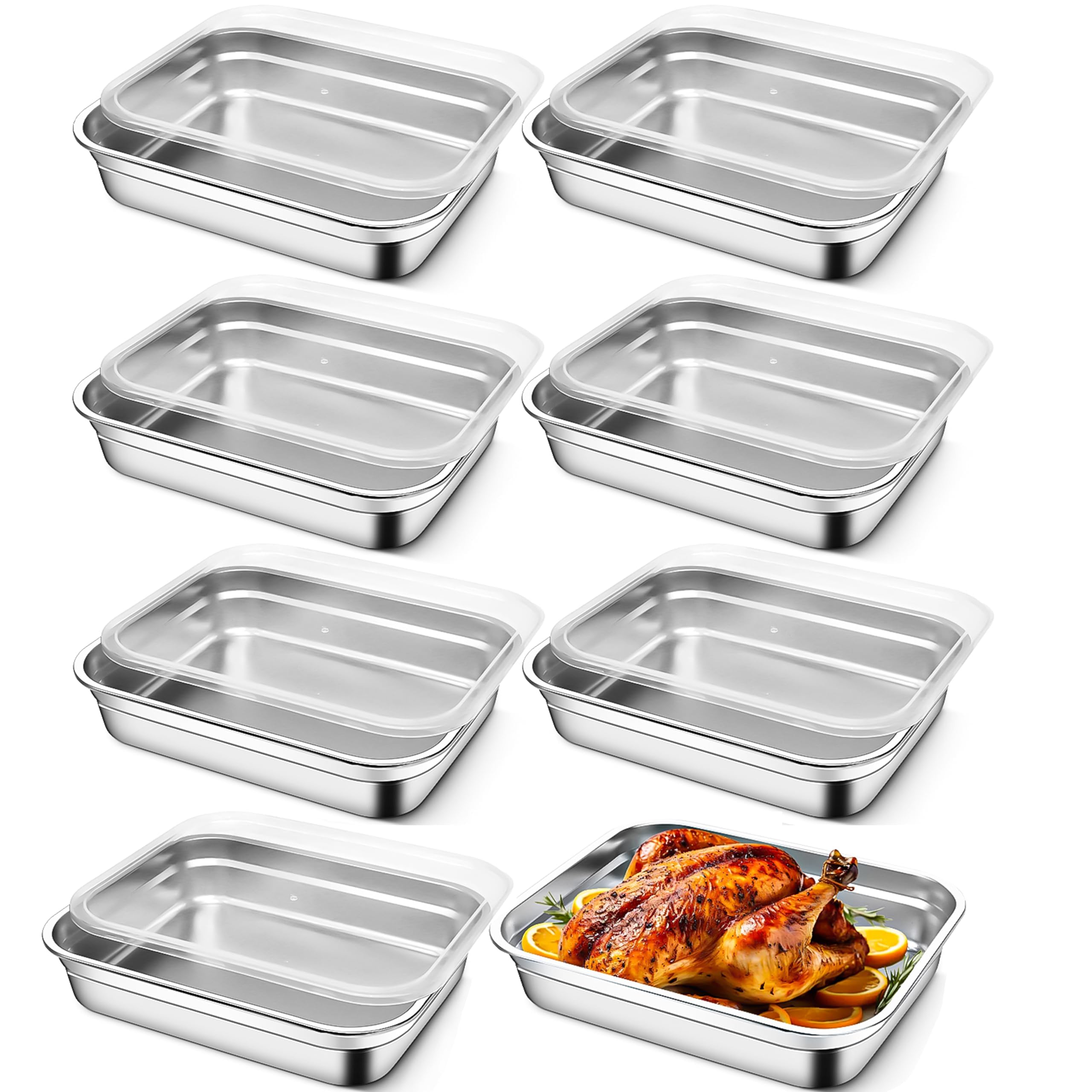 Lot de 8 Bacs Alimentaires en Inox 304 avec Couvercles, 31,5 x 21,5 x 6,7cm | Récipients de Conservation Compatibles Four et Congélateur pour Meal Prep, Buffet, Restauration et Cuisine