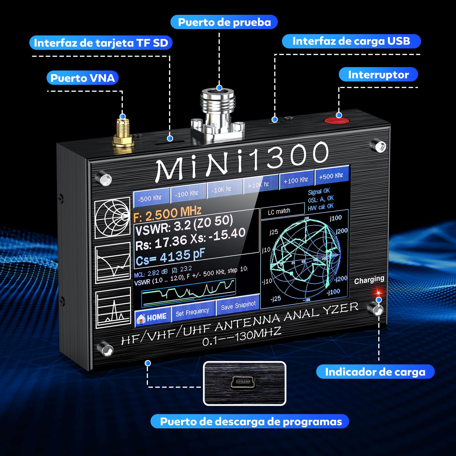 Seesii Analizador de Antenas Mini1300, Analizador Vectorial de Redes 4,3'' 0.1-1300MHz HF VHF UHF 2023 Actualizado, Generador de Señal con Kit Calibración SMA para ANT/SWR/TDR/DSP RF