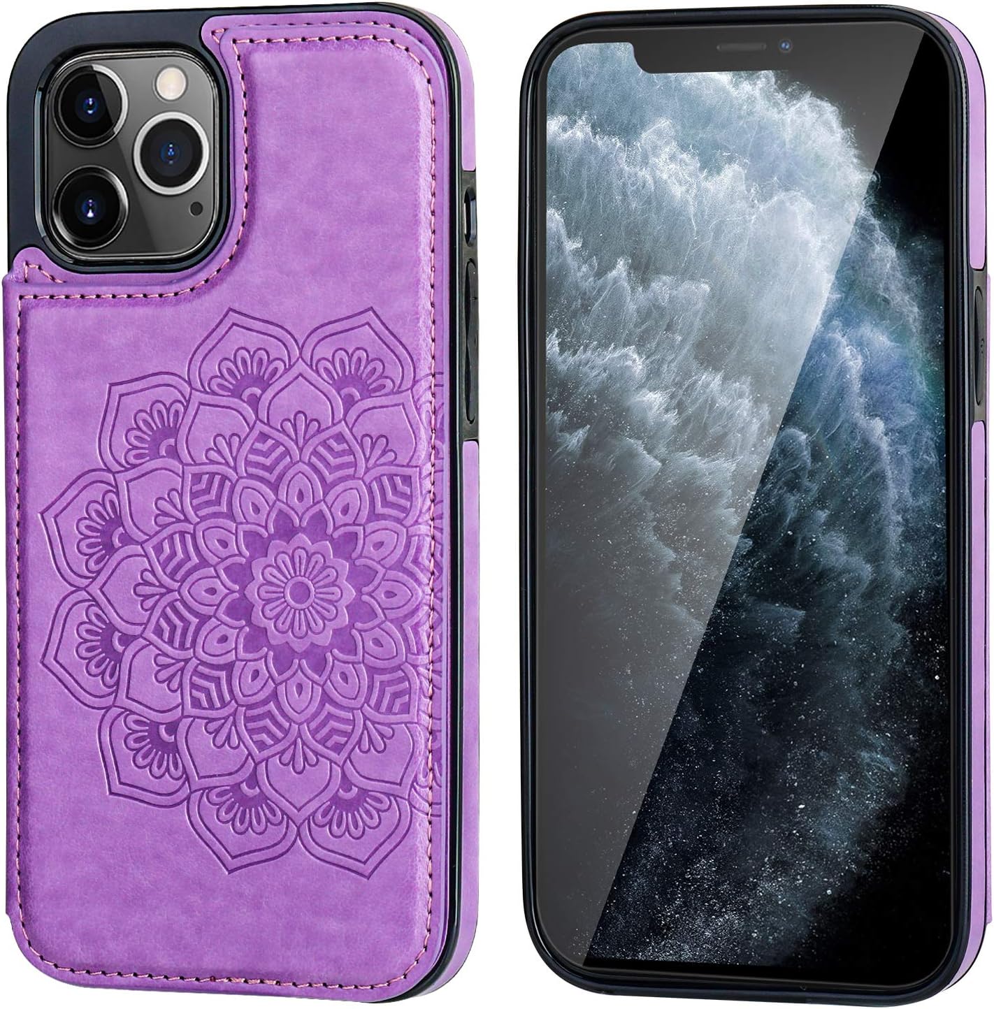 Vaburs Compatible with iPhone 12 Pro Max Case Wallet with Card Holder,Embossed Mandala Pattern Flower PU Leather Double Magnetic Buttons Flip Shockproof Cover for iPhone 12 Pro Max 6.7 Inch(Purple)