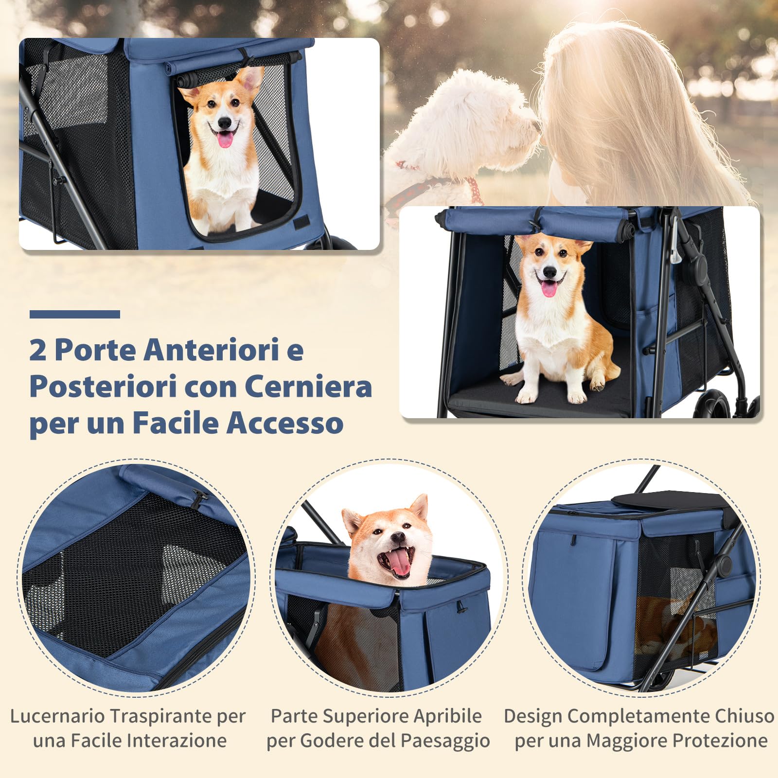 COSTWAY Passeggino per Cani Pieghevole, Carrello a 4 Ruote per Animali Domestici Piccoli e Medi, Trasportino Portatile con Ruote, Lucernario e Tasche, Chiusura Rapida (Blu)