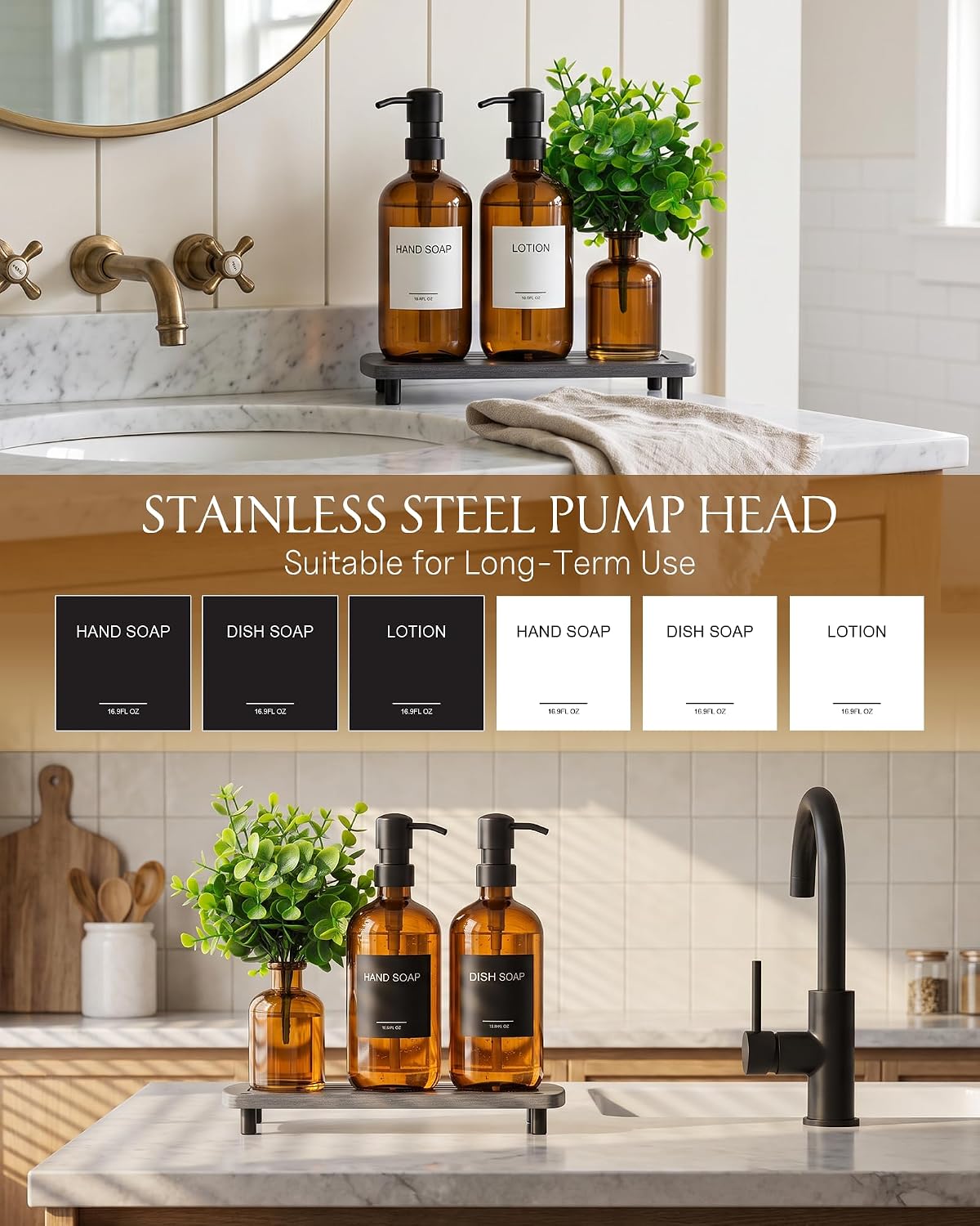 Cisily Modern Soap Dispenser Set with Plants, Amber Glass Soap Dispensers with Pump, Decorative Hand and Dish Soap Dispenser Set, Soap and Lotion Dispenser Upgrade for Kitchen and Bathroom Decor