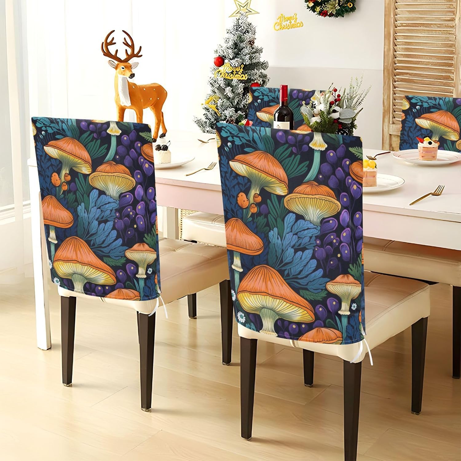 ALAZA Mushroom Floral Chair Back Cover Set of 6, Washable Reusable Removable Chair Slipcovers Decorative Chair Cover for Home Kitchen Wedding Party