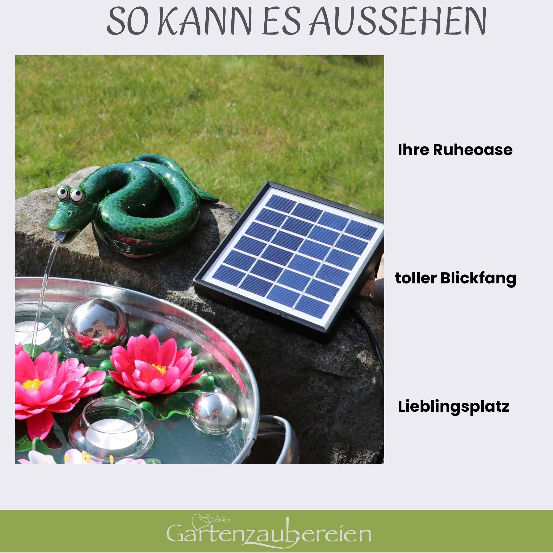 Storm's Gartenzaubereien Wasserspeier Solar mit Pumpe Schlange - grün aus Keramik für Teich und Miniteich