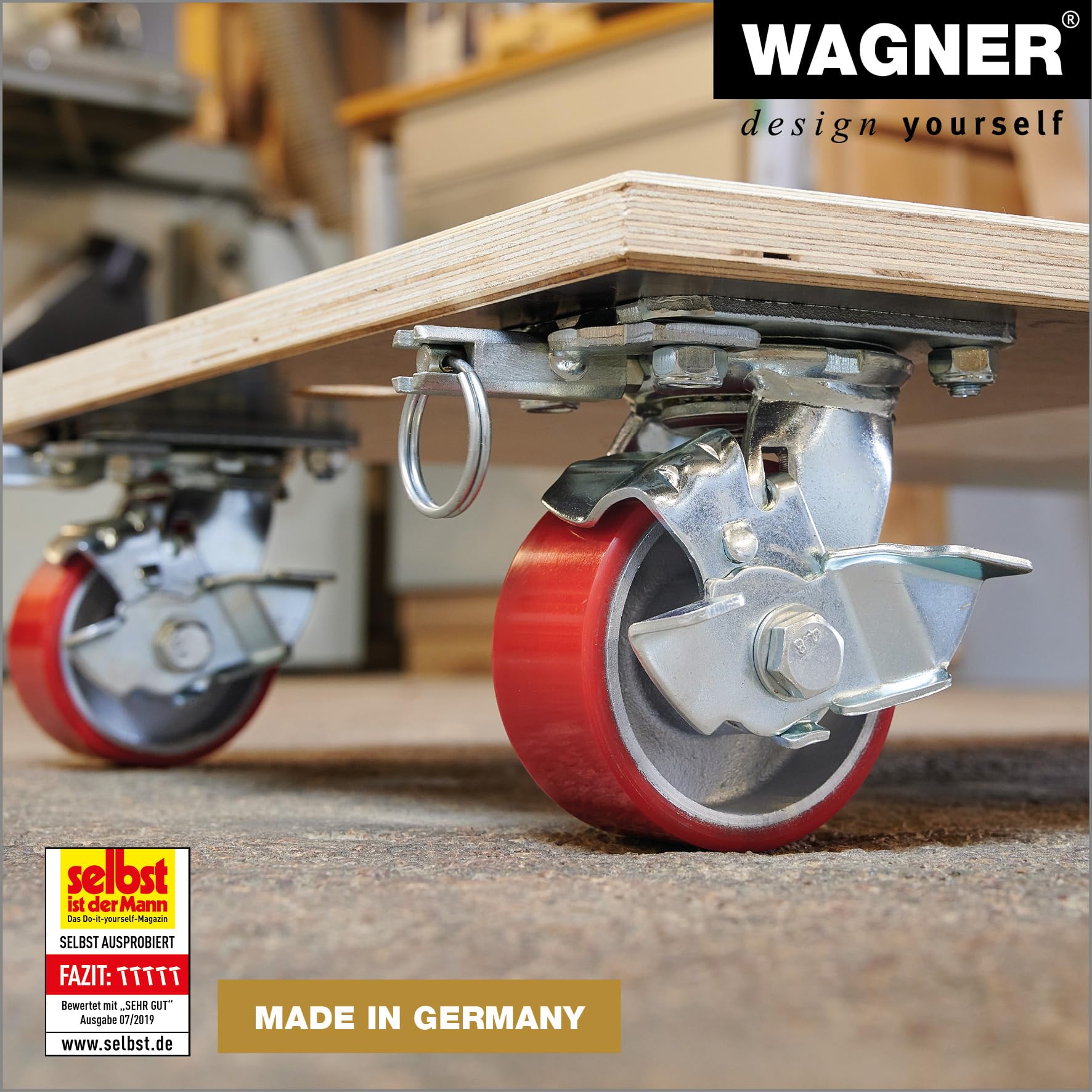 WAGNER Transportroller Transporthilfe 1348 I Schichtholz 24 mm mit Grip 78 x 59 x 16 cm, Tragkraft 1.000 kg I Schwerlastroller für Umzzg, Werkstatt, Handwerk I Softrollen & Bremsen I FSC® I Made in DE